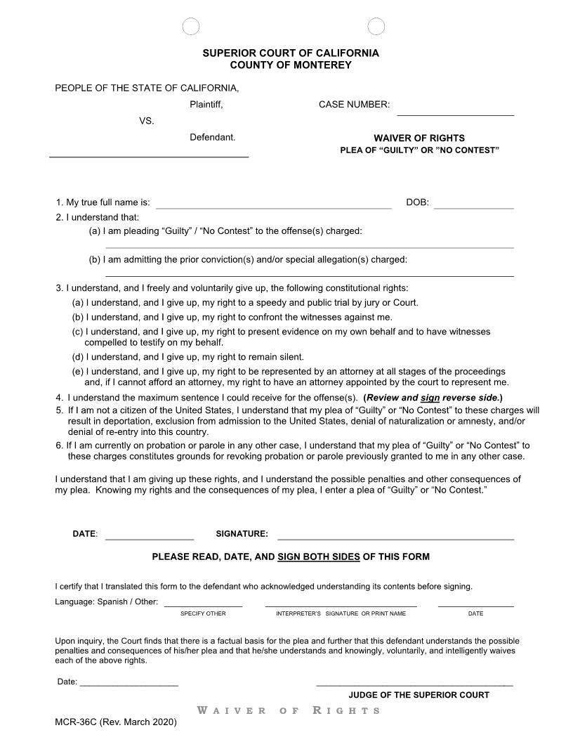 Wavier Of Rights-English {MCR-36C} | Pdf Fpdf Docx | California