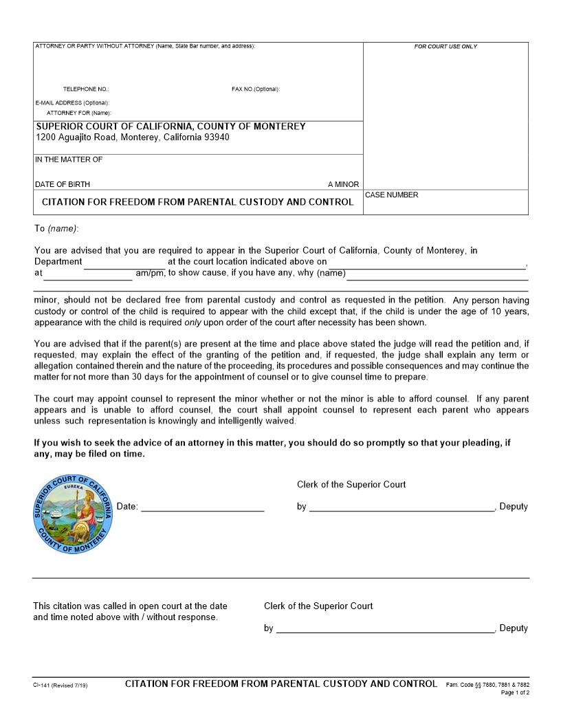 Citation For Freedom From Parental Custody And Control {CI-141} | Pdf Fpdf Doc Docx | California