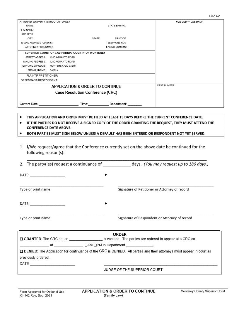 Family Law Application And Order To Continue {CI-142} | Pdf Fpdf Docx | California