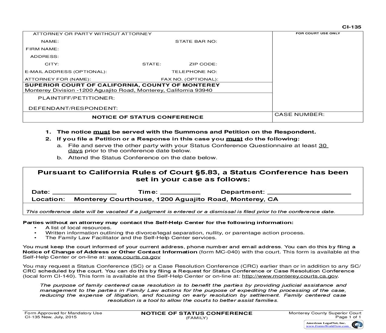 Notice Of Status Conference (Family) {CI-135} | Pdf Fpdf Doc Docx | California