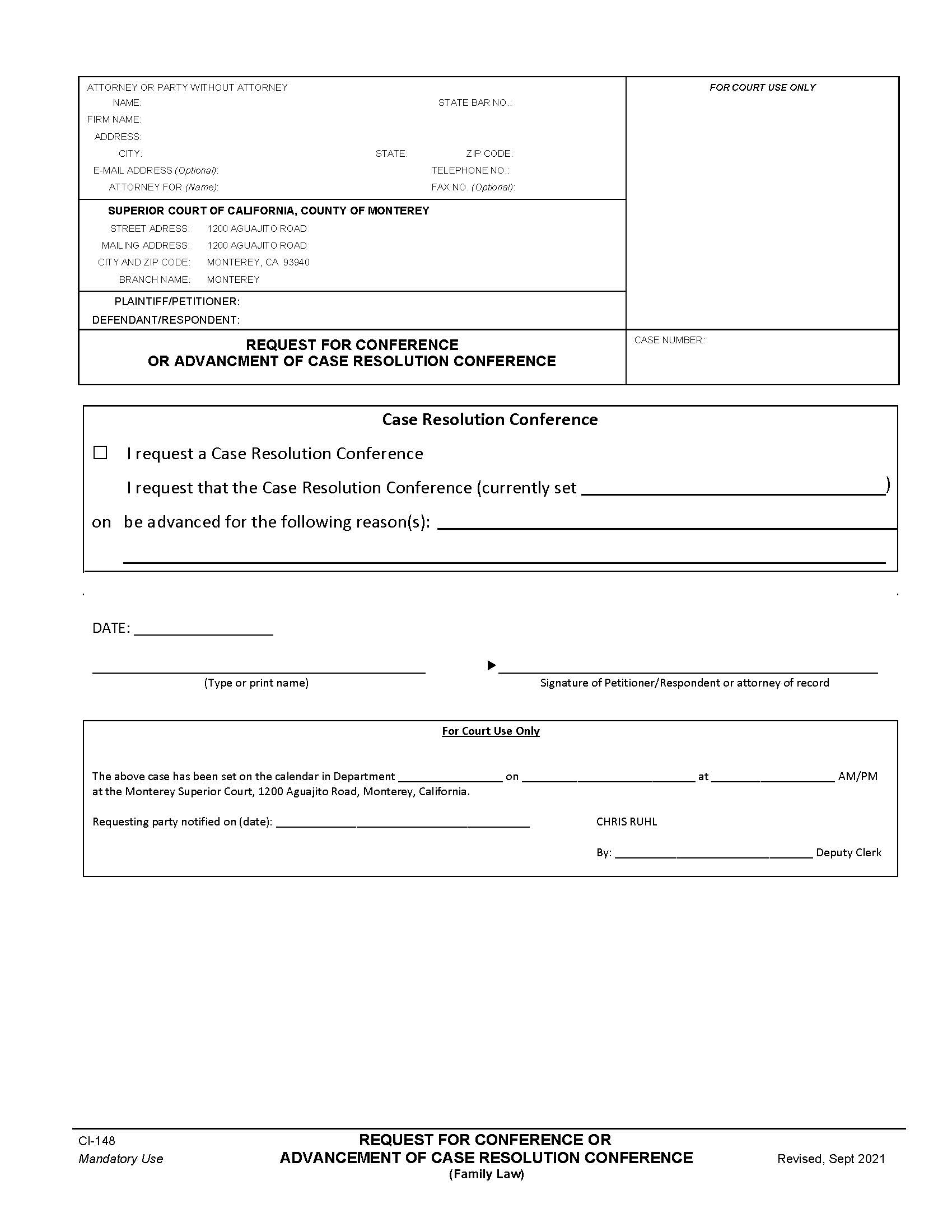 Request To Set Or Advance Family Conference {CI-148} | Pdf Fpdf Docx | California