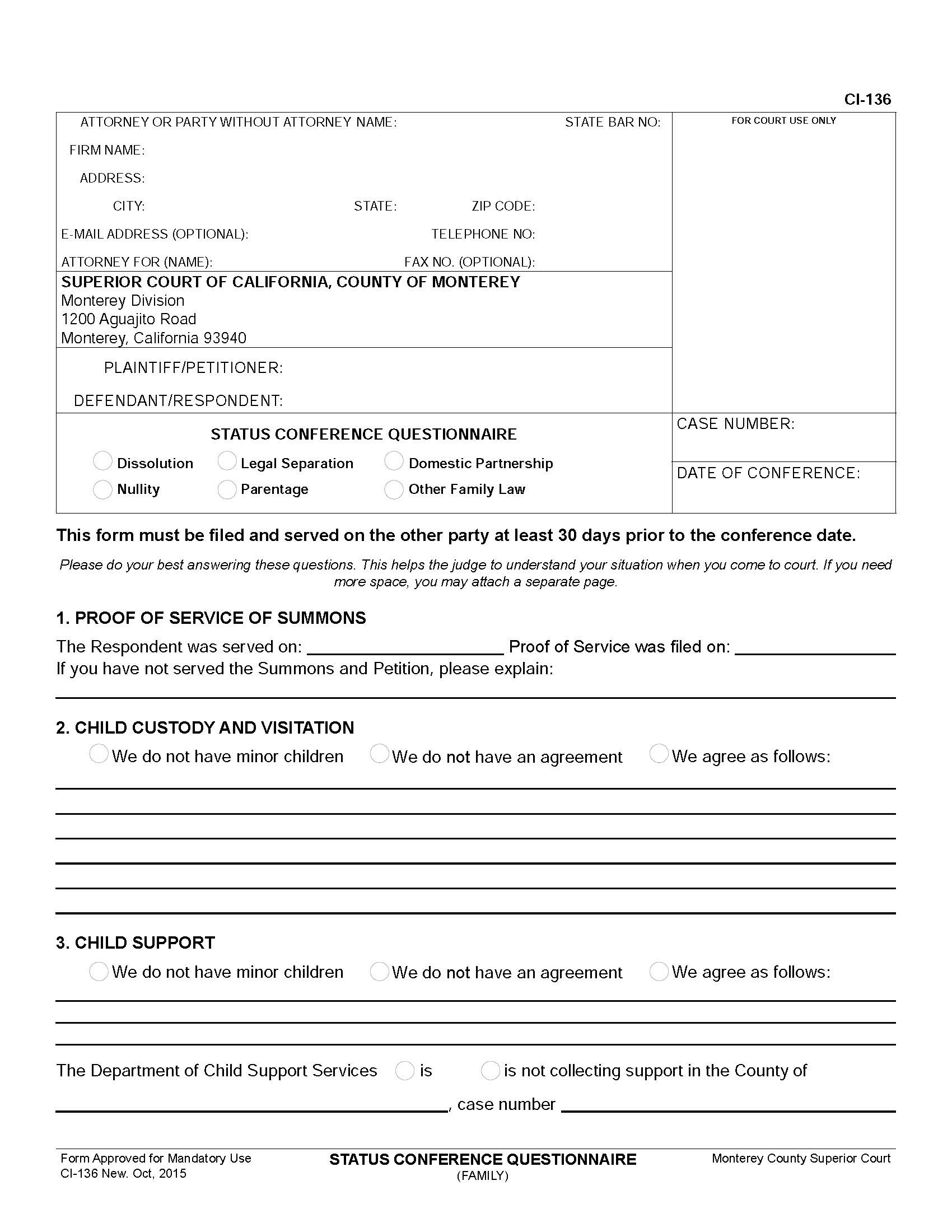 Status Conference Questionnaire {CI-136} | Pdf Fpdf Docx | California