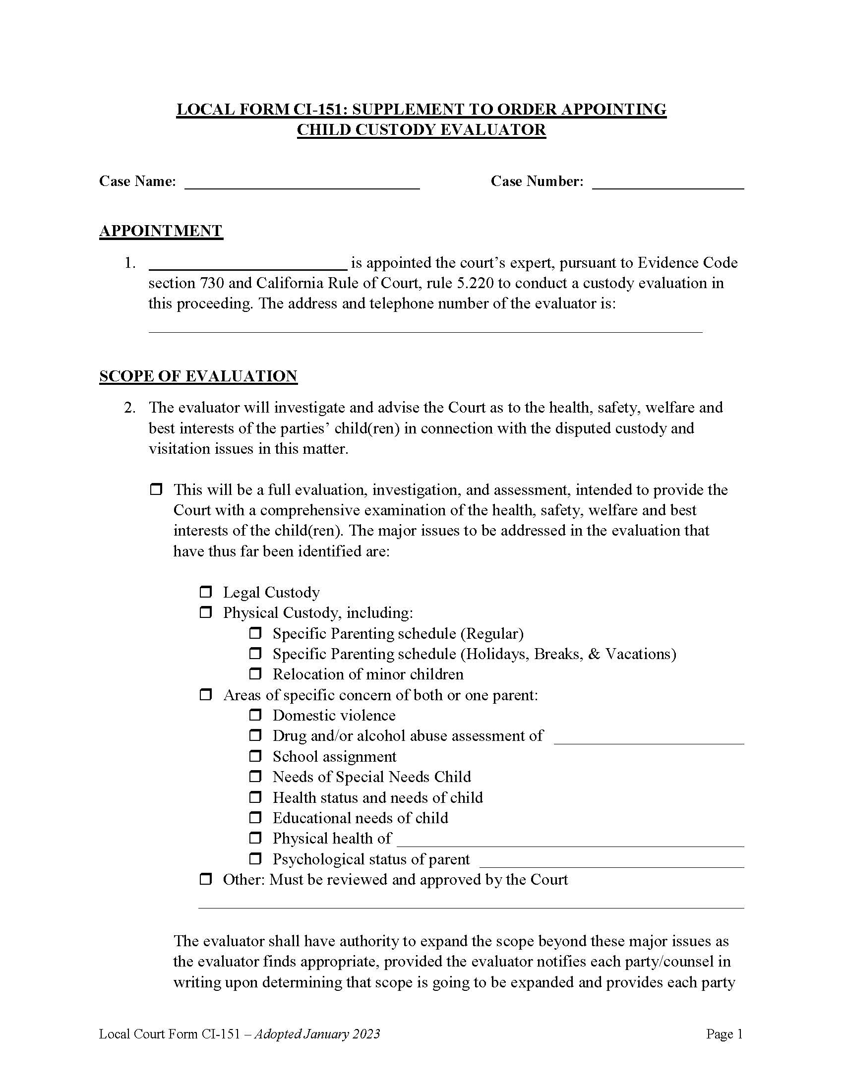 Supplement To Order Appointing Child Custody Evaluator {CI-151} | Pdf Fpdf Docx | California