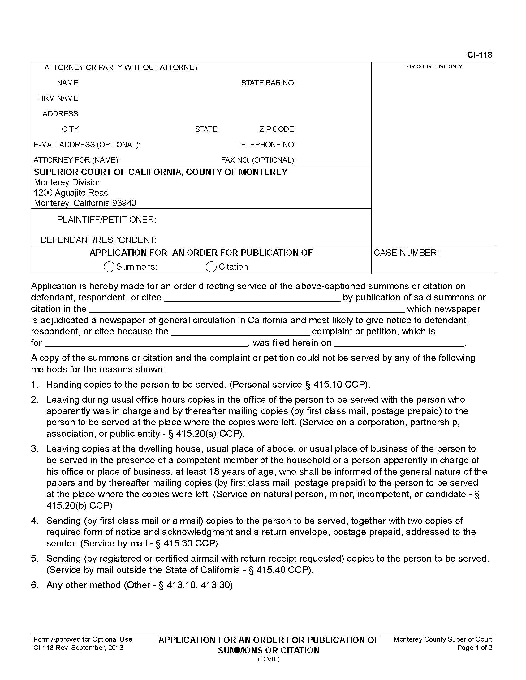 Application For An Order For Publication Of Summons Or Citation {CI-118} | Pdf Fpdf Doc Docx | California