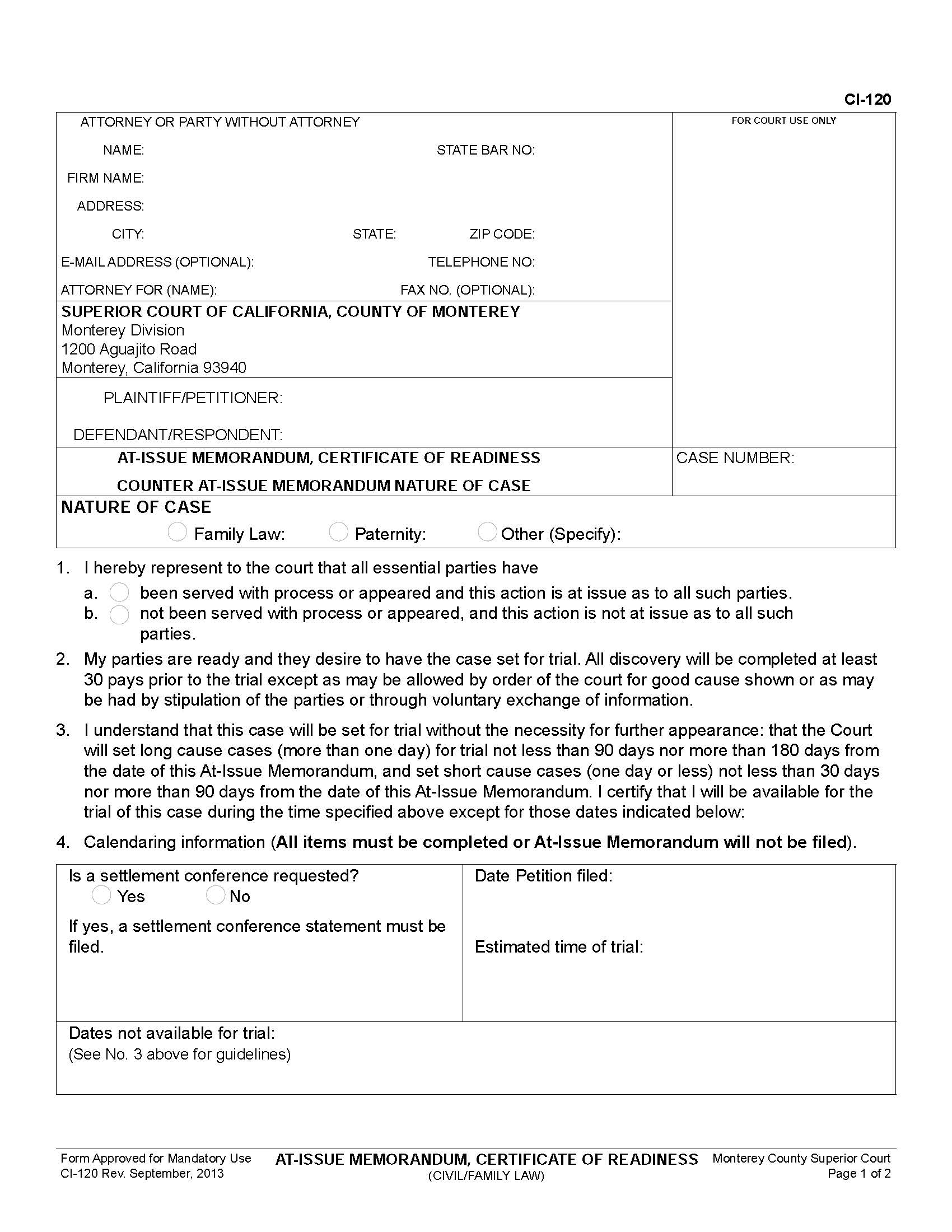 At-Issue Memorandum Certificate Of Readiness {CI-120} | Pdf Fpdf Doc Docx | California