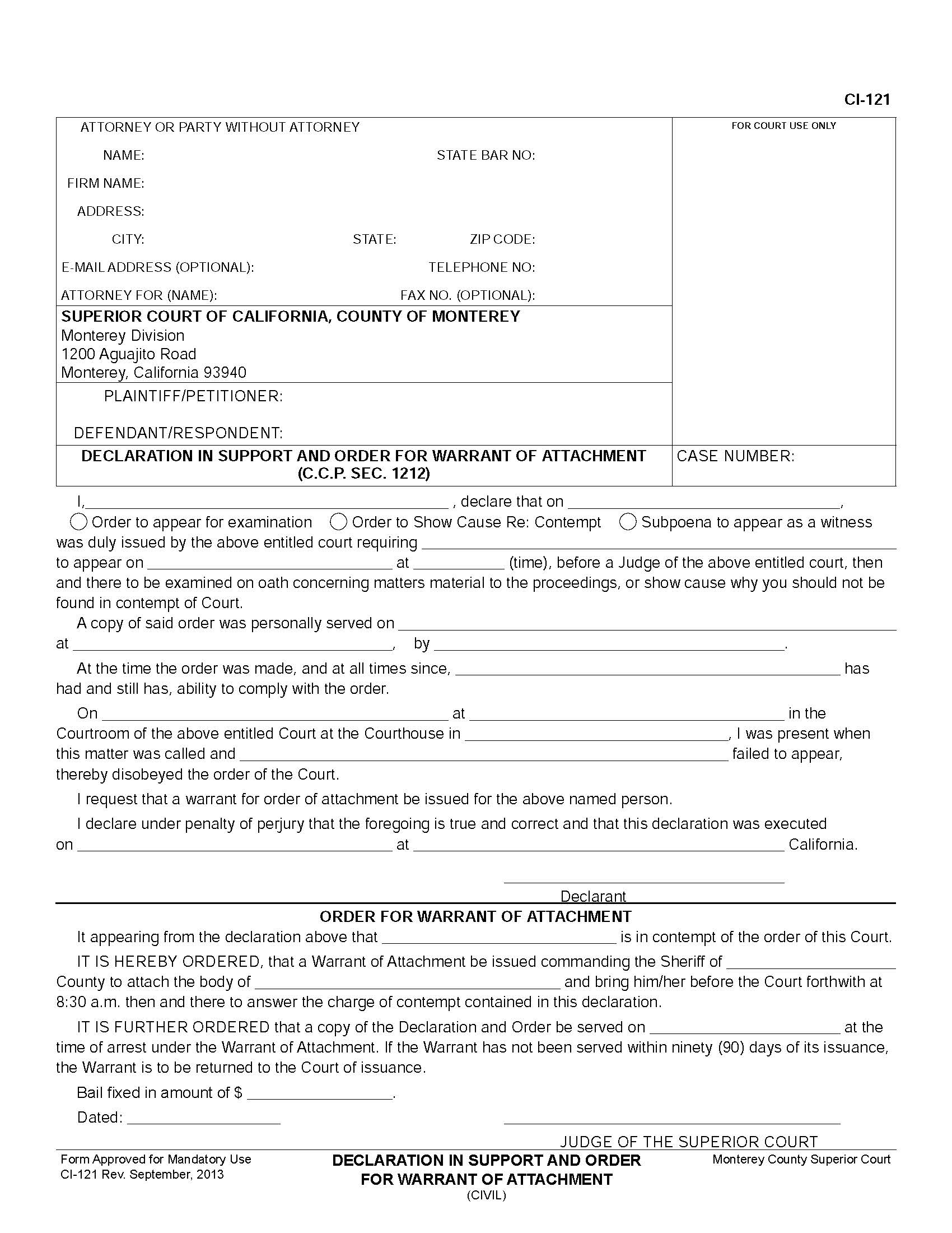 Declaration In Support And Order For Warrant Of Attachment {CI-121} | Pdf Fpdf Doc Docx | California