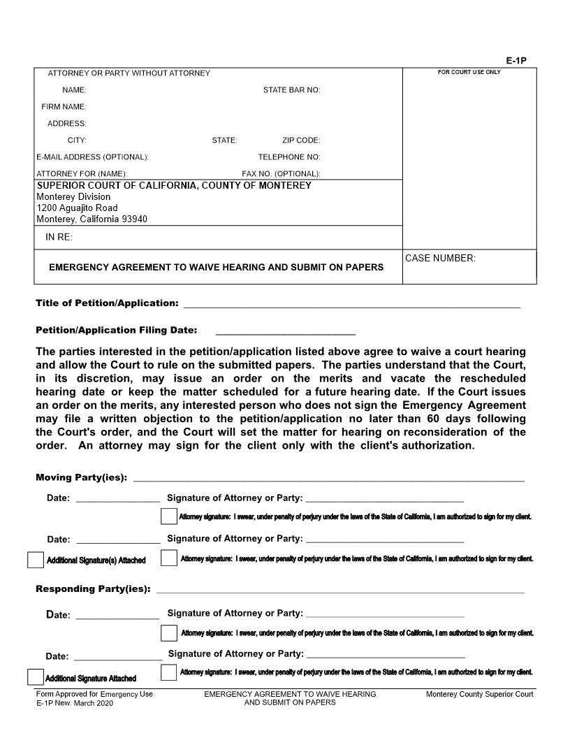 Emergency Agreement To Waive Hearing And Submit On Papers {E-1P} | Pdf Fpdf Docx | California