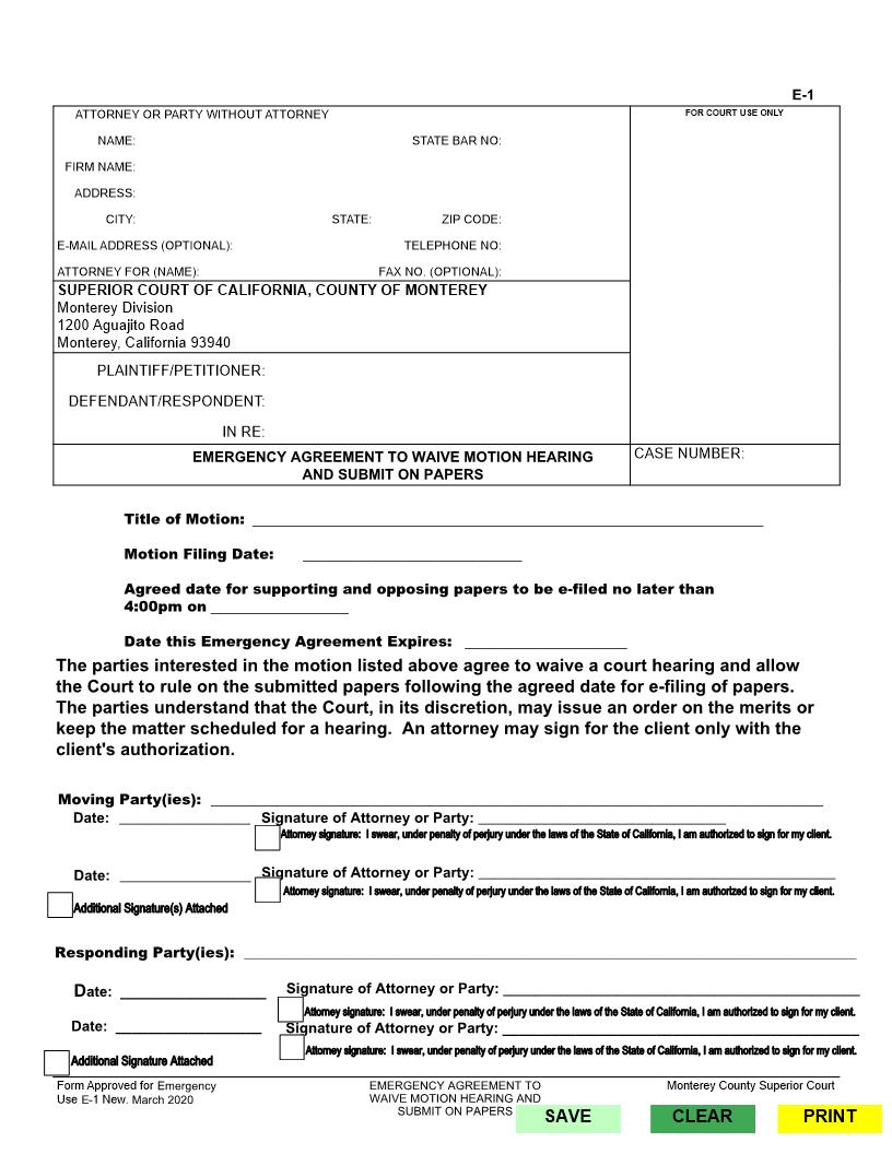 Emergency Agreement To Waive Motion Hearing And Submit On Papers {E-1} | Pdf Fpdf Docx | California