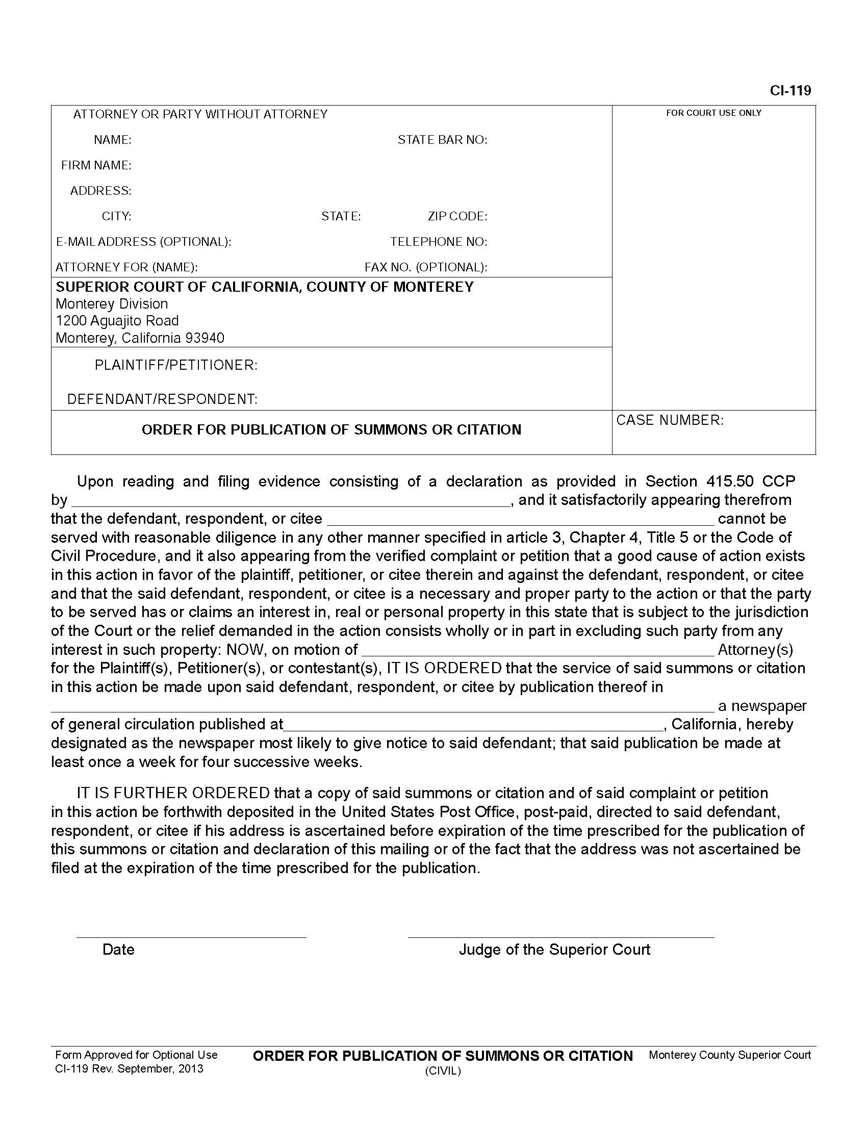 Order For Publication Of Summons Or Citation {CI-119} | Pdf Fpdf Doc Docx | California