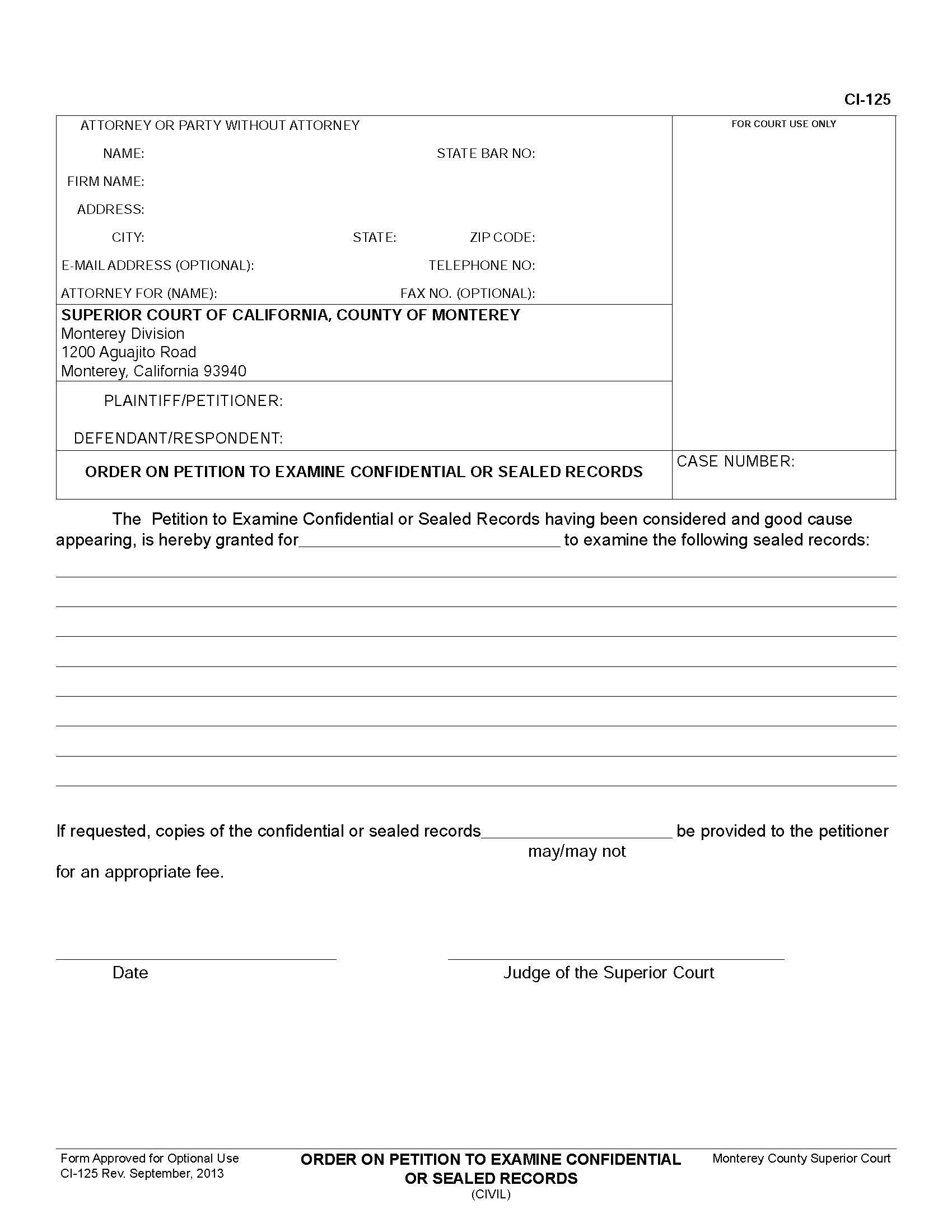 Order On Petition To Examine Confidential Or Sealed Records {CI-125} | Pdf Fpdf Doc Docx | California