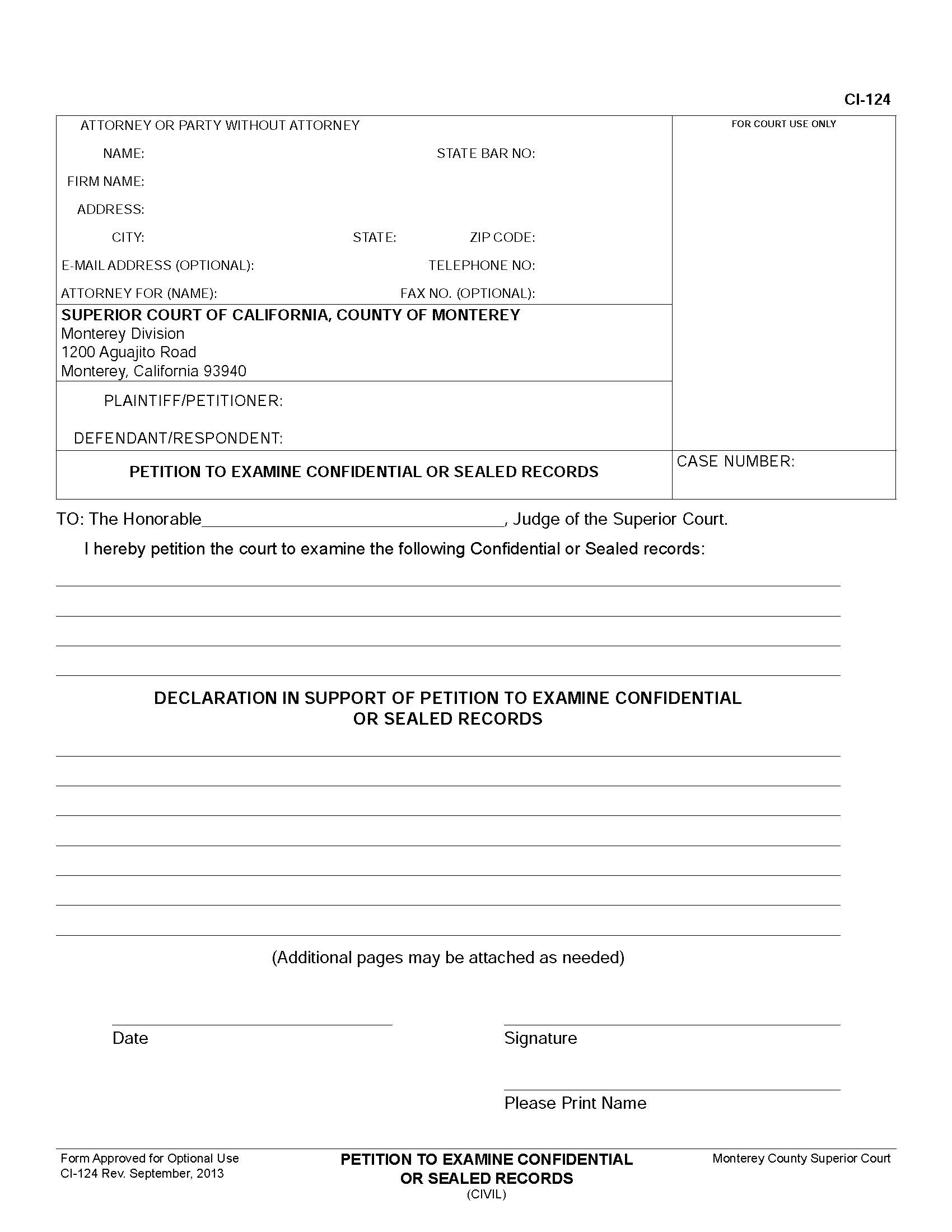 Petition To Examine Confidential Or Sealed Records {CI-124} | Pdf Fpdf Doc Docx | California