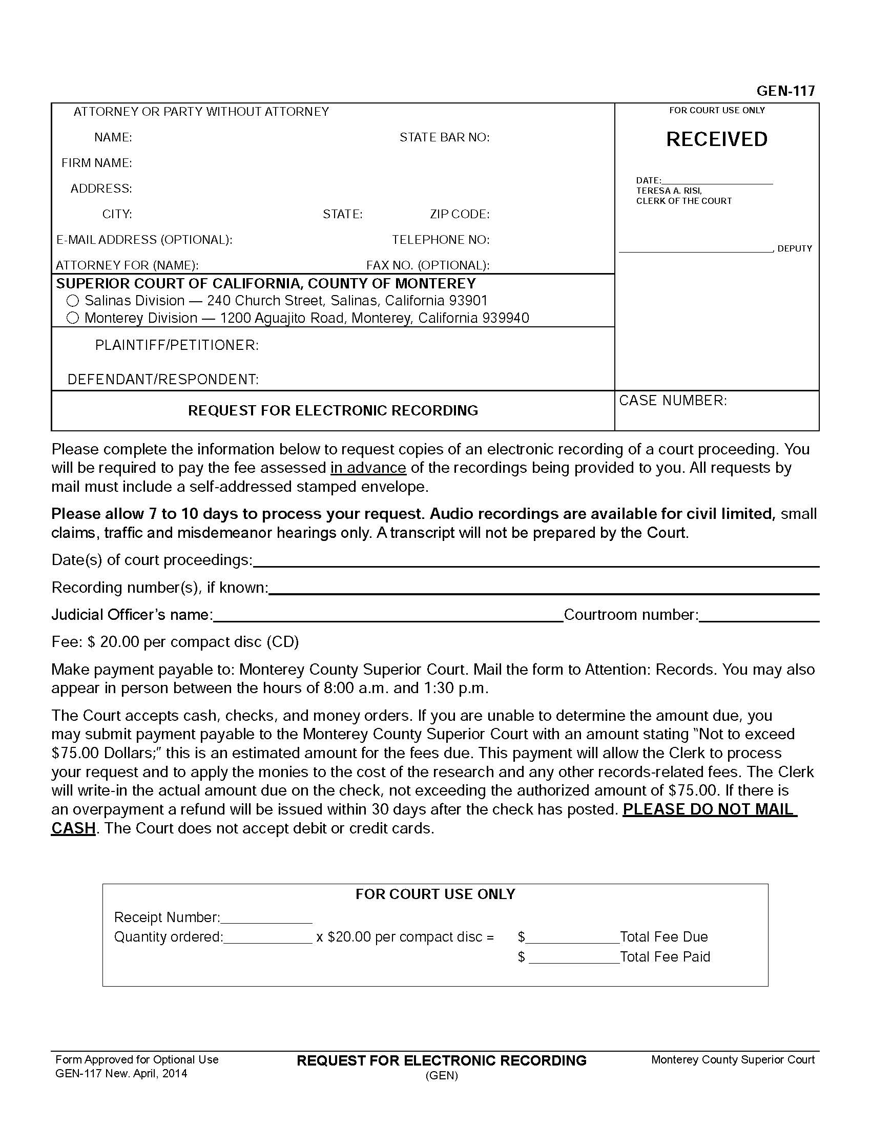 Request For Electronic Recording {GEN-117} | Pdf Fpdf Doc Docx | California