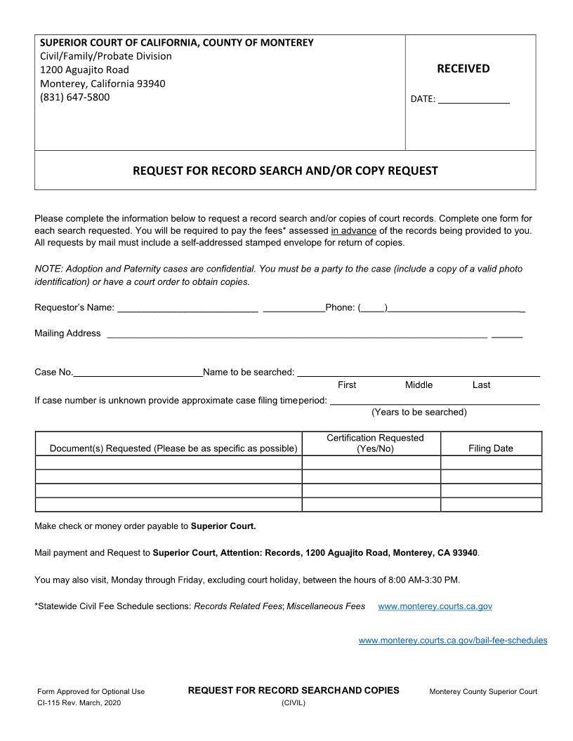 Request For Record Search And Copies (Civil) {CI-115} | Pdf Fpdf Doc Docx | California