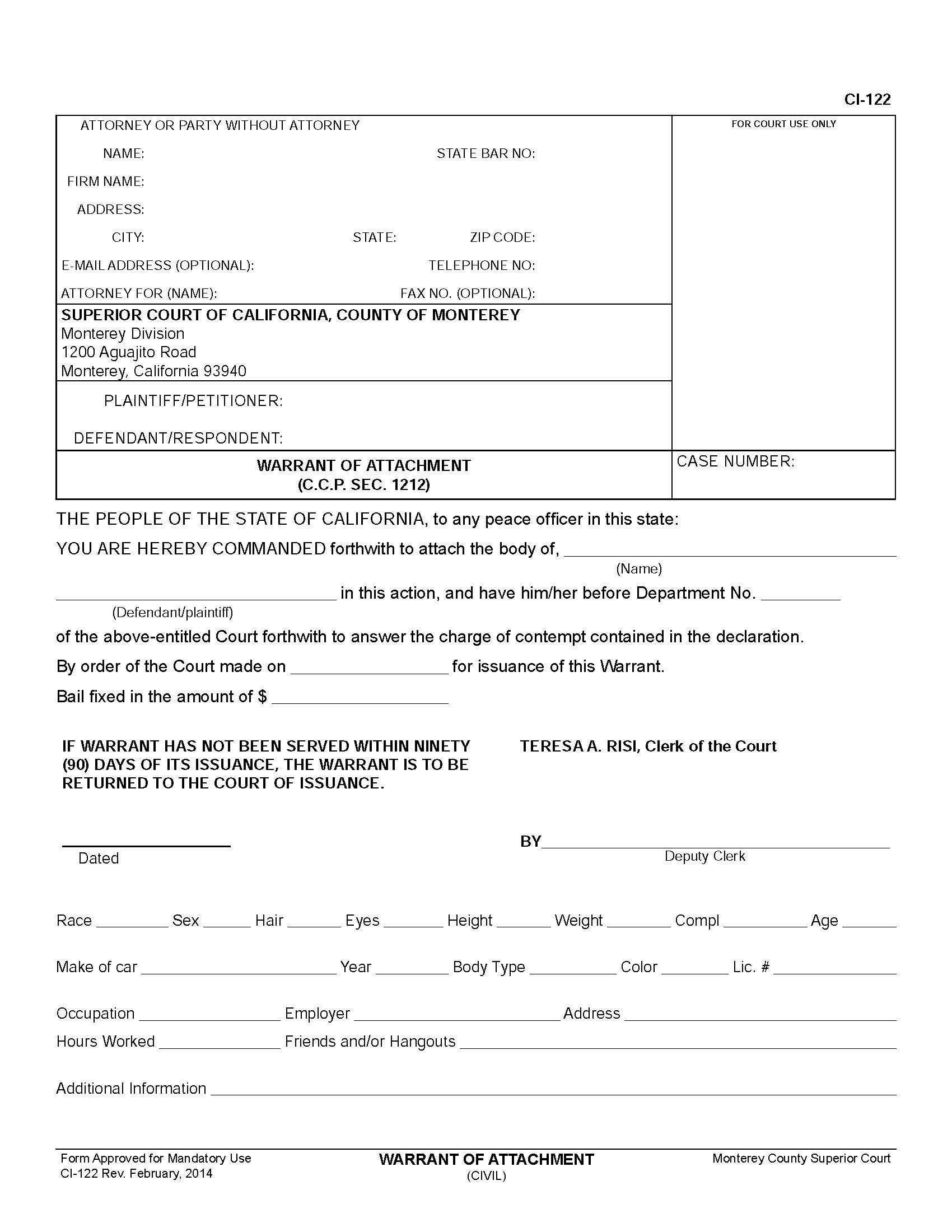 Warrant Of Attachment {CI-122} | Pdf Fpdf Doc Docx | California