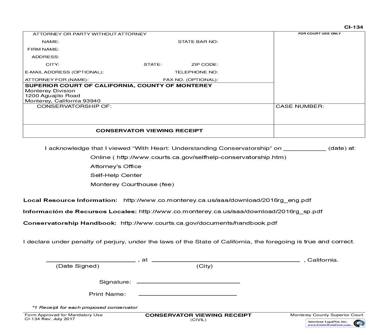 Conservator Viewing Receipt {CI-134} | Pdf Fpdf Doc Docx | California