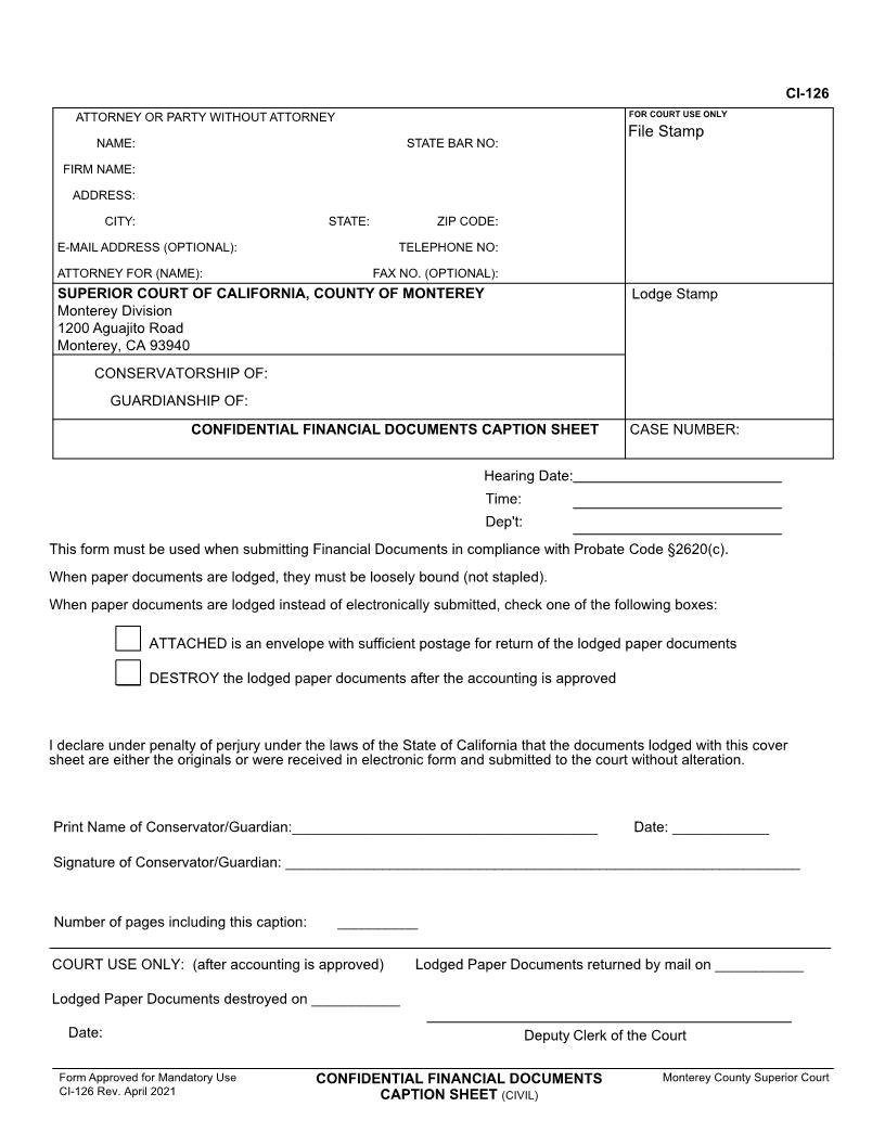 Financial Documents Caption Sheet {CI-126} | Pdf Fpdf Doc Docx | California