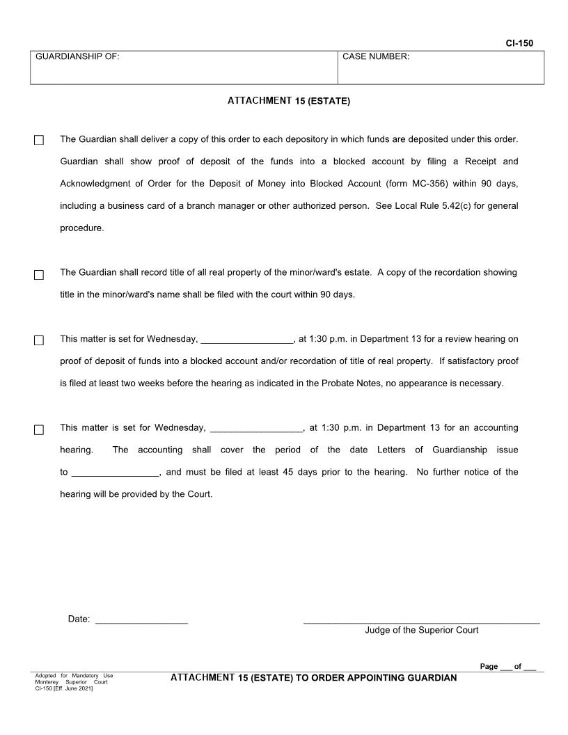 Probate Attachment 15 (Estate) To Order Appointing Guardian {CI-150} | Pdf Fpdf Docx | California