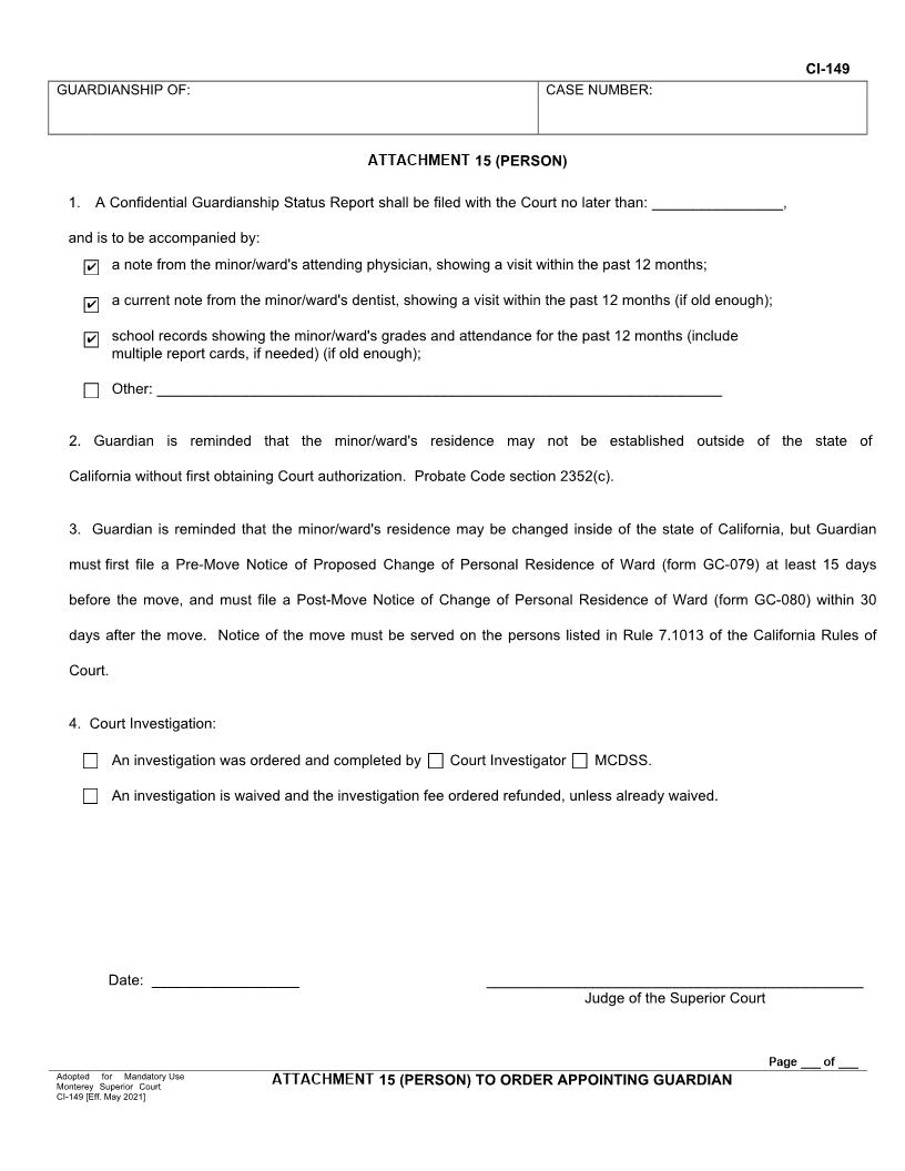 Probate Attachment 15 (Person) To Order Appointing Guardian {CI-149} | Pdf Fpdf Docx | California