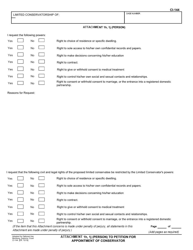 Probate Attachment 1h 1j (Person) To Petition For Appointment Of Conservator {CI-144} | Pdf Fpdf Docx | California