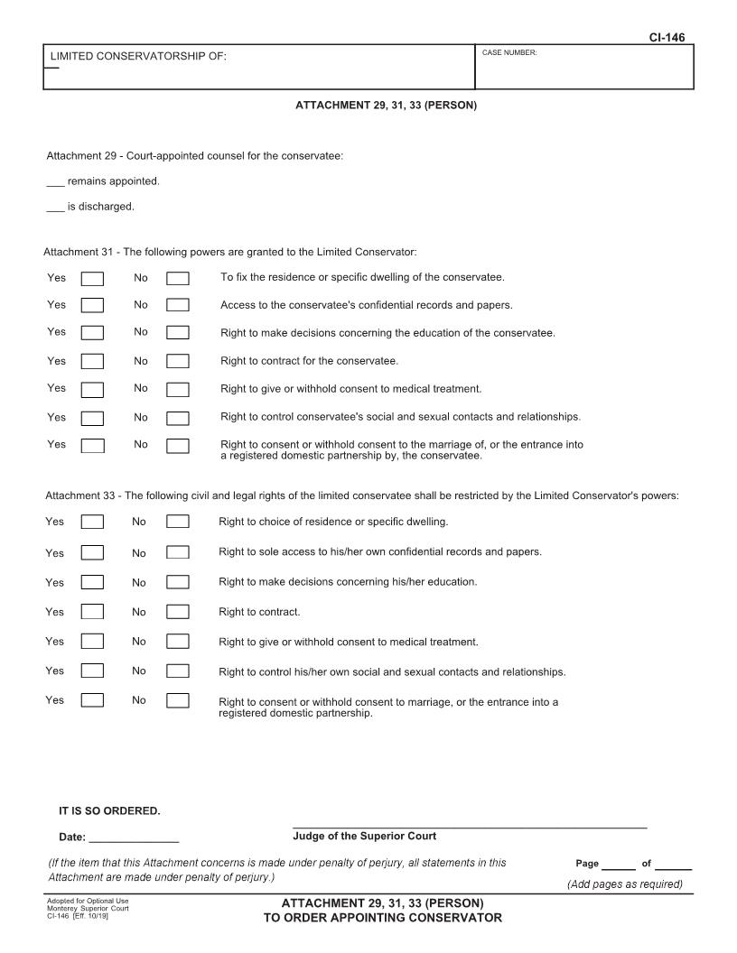 Probate Attachment 29 31 33 (Person) To Order Appointing Conservator {CI-146} | Pdf Fpdf Docx | California