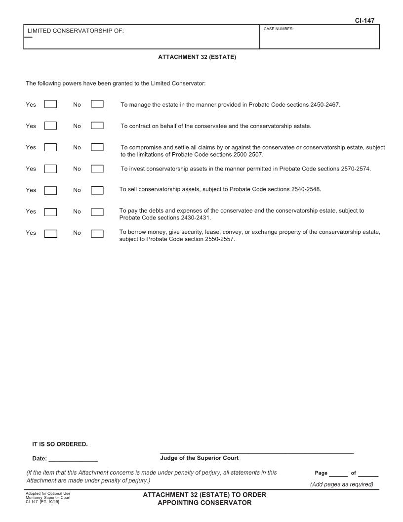 Probate Attachment 32 (Estate) To Order Appointing Conservator {CI-147} | Pdf Fpdf Docx | California