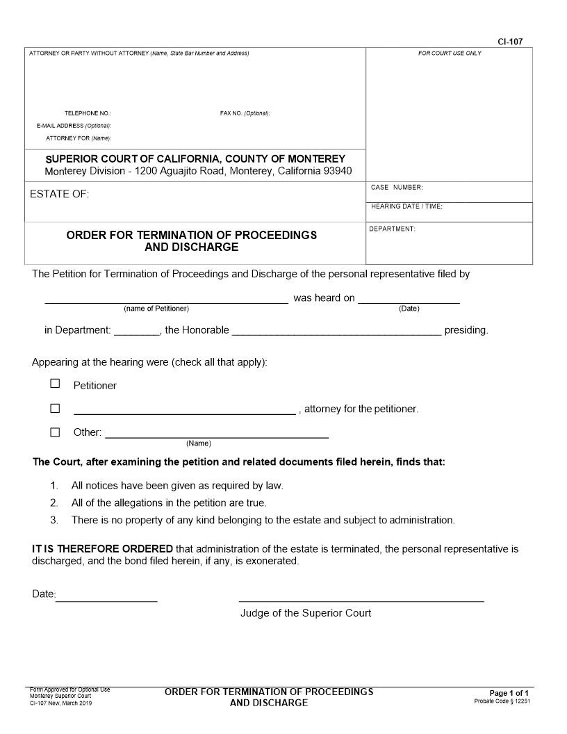 Probate Order Terminating No Asset Estate {CI-107} | Pdf Fpdf Docx | California