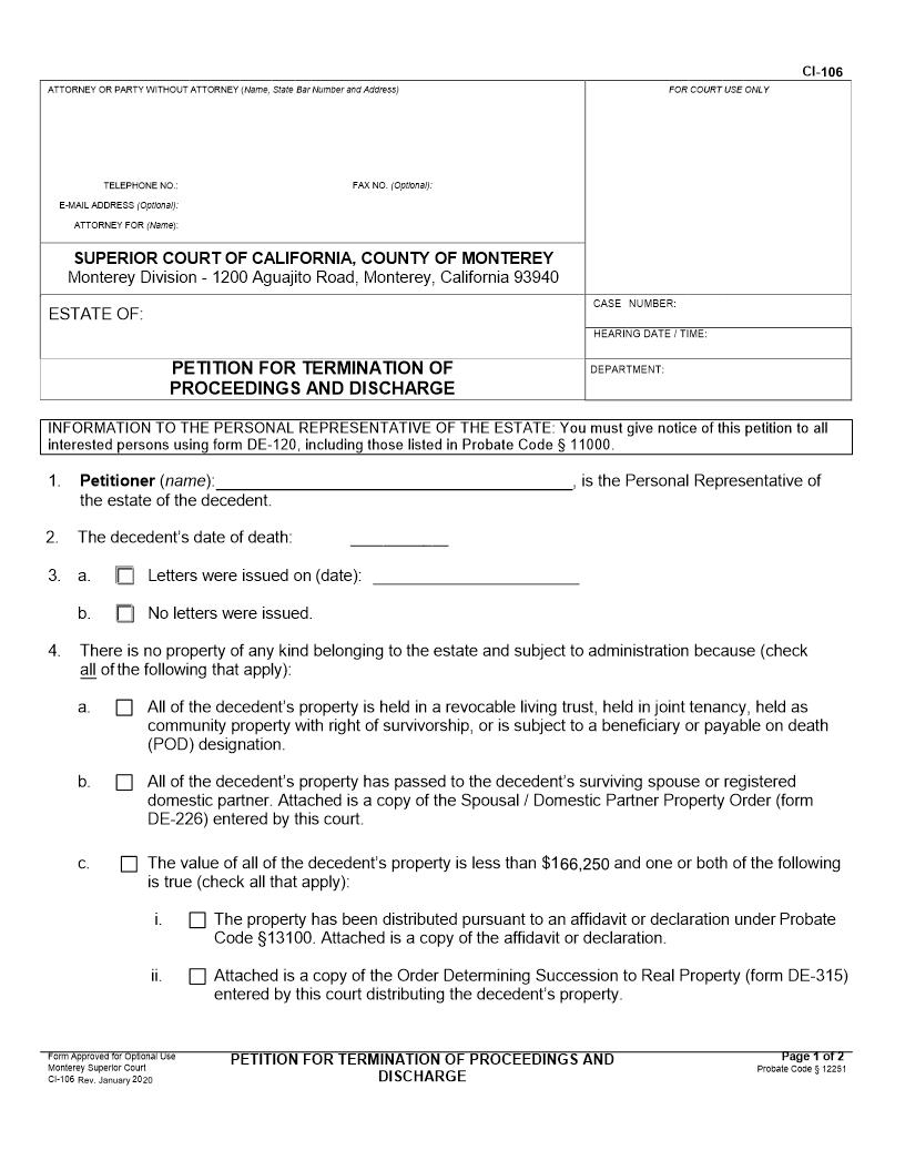 Probate Petition To Terminate No Asset Estate {CI-106) | Pdf Fpdf Docx | California