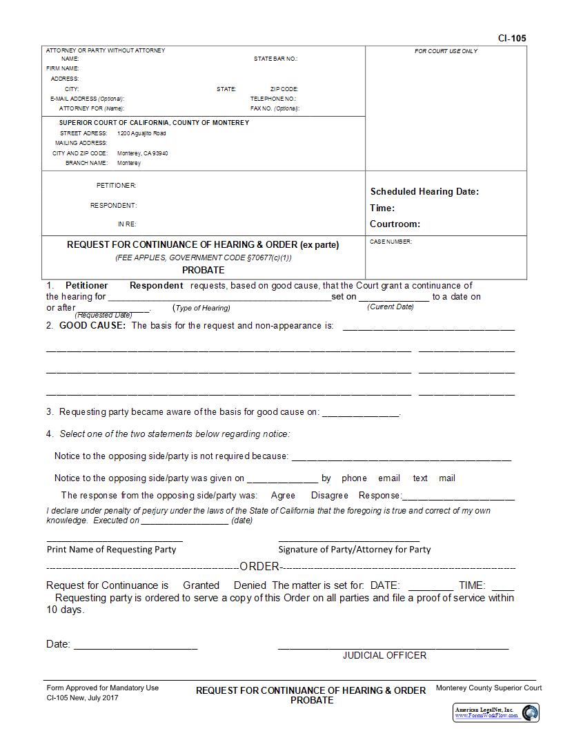 Probate Request For Continuance {CI-105} | Pdf Fpdf Doc Docx | California