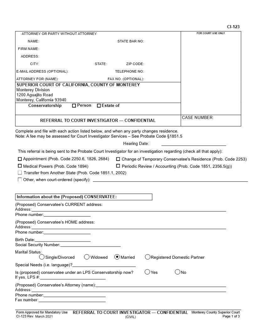Referral To Court Investigator-Confidential {C-123} | Pdf Fpdf Doc Docx | California