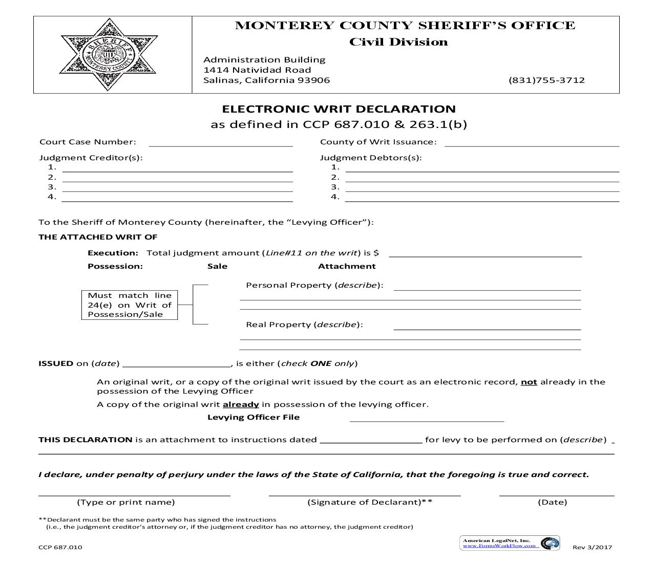 Electronic Writ Statement Pursuant To CCP 687.010(E)(4) | Pdf Fpdf Doc Docx | California