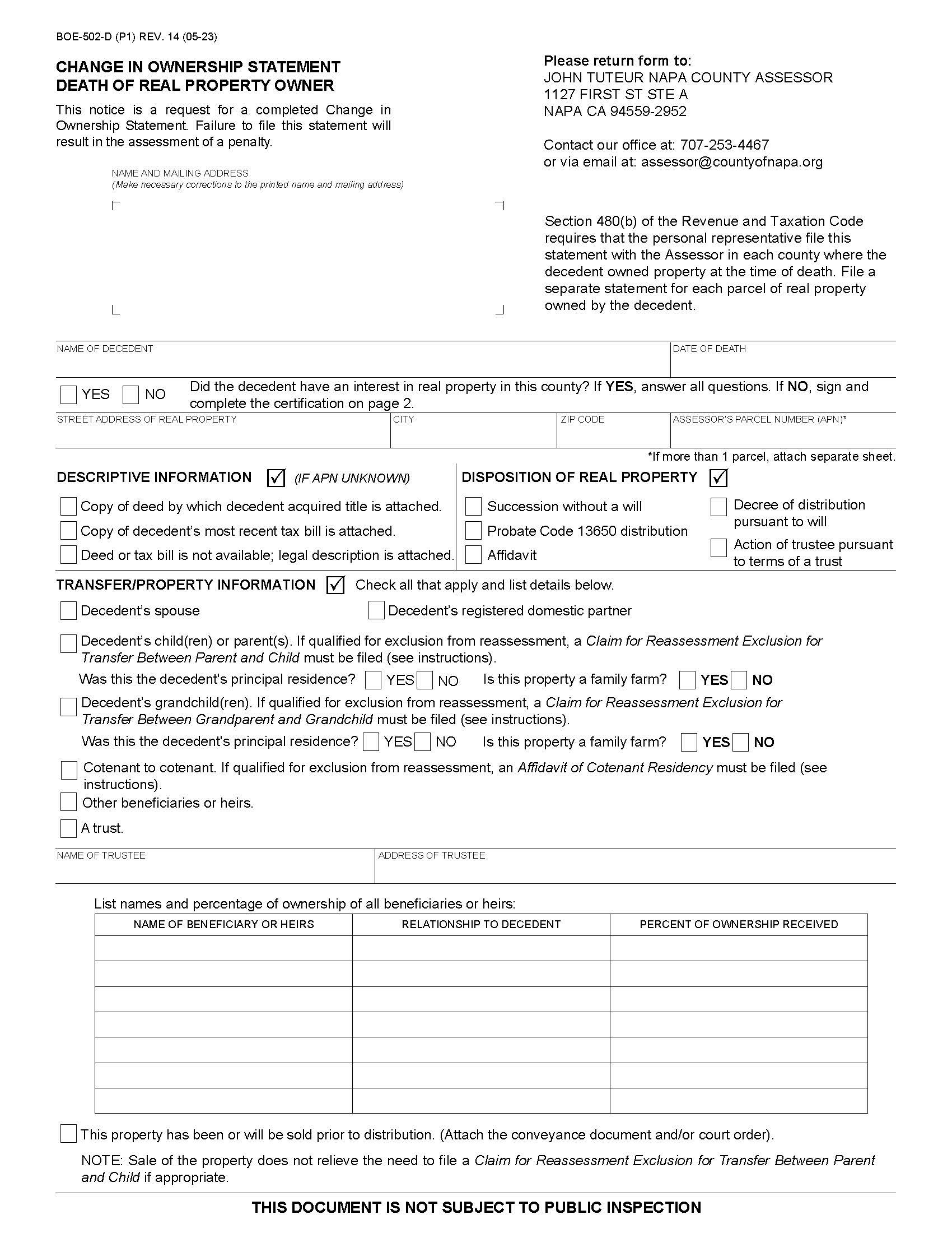Change In Ownership Statement Death Of Real Property Owner (Napa County) {BOE-502-D} | Pdf Fpdf Doc Docx | California