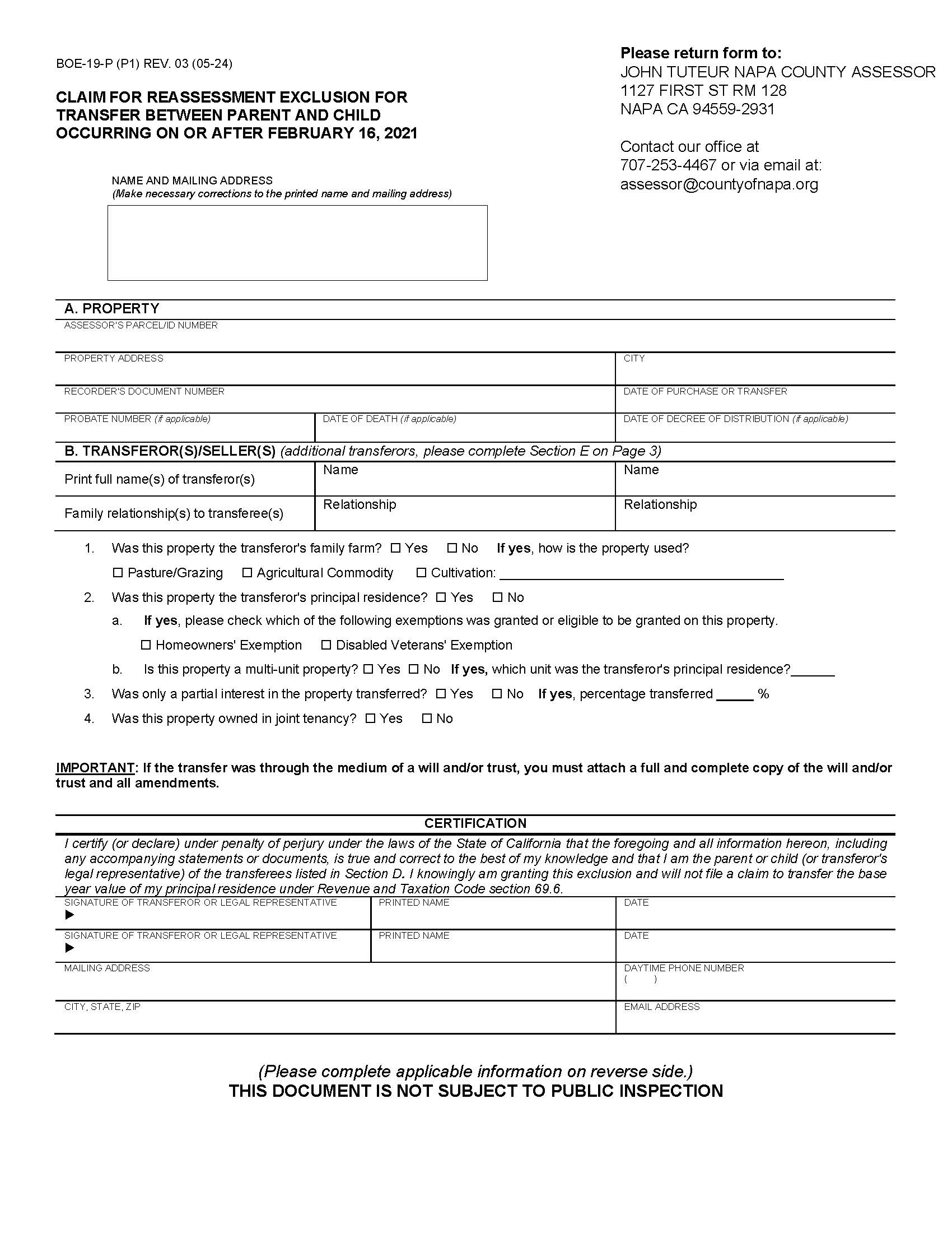 Claim For Reassessment Exclusion For Transfer Between Parent And Child (After 02-16-21) (Napa) {BOE-19-P} | Pdf Fpdf Docx | California