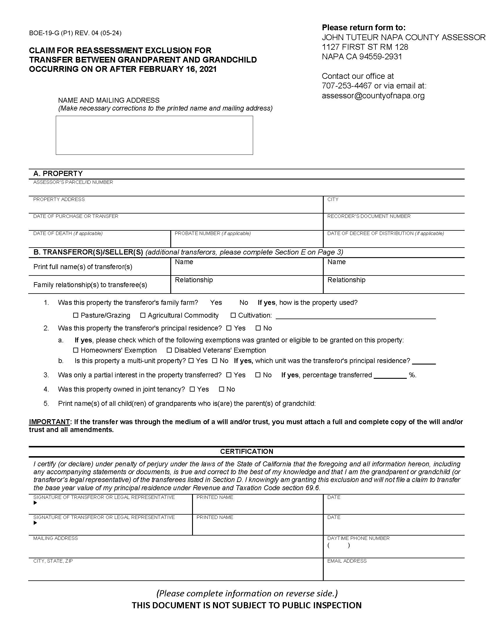 Claim For Reassessment Exclusion For Transfer From Grand Parent To Grandchild (After 02-16-21) (Napa) {BOE-19-G} | Pdf Fpdf Docx | California