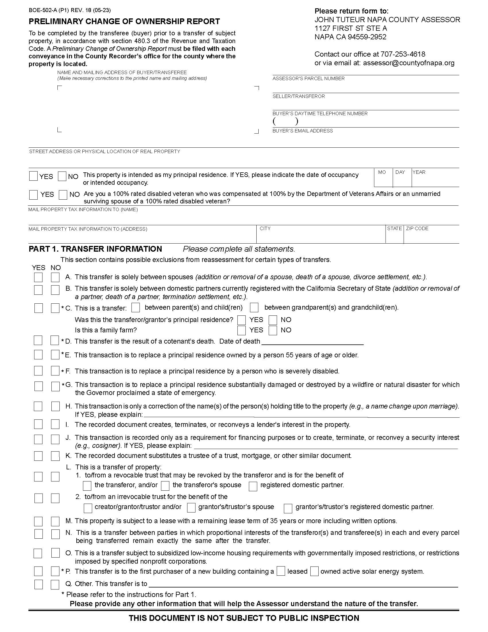 Preliminary Change Of Ownership Report (Napa County) {BOE-502-A} | Pdf Fpdf Doc Docx | California