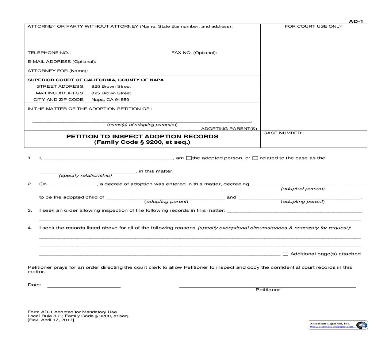 Petition To Inspect Adoption Records (And Order) {AD-1} | Pdf Fpdf Doc Docx | California