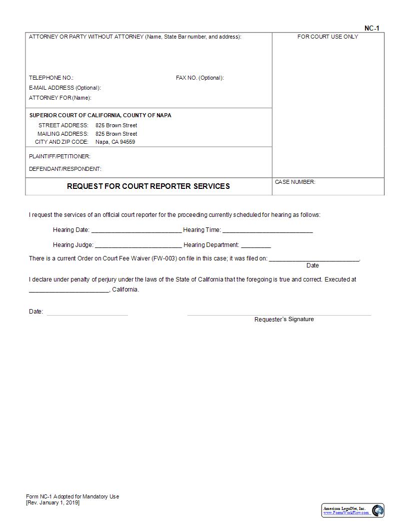 Request For Court Reporter Services {NC-1} | Pdf Fpdf Docx | California