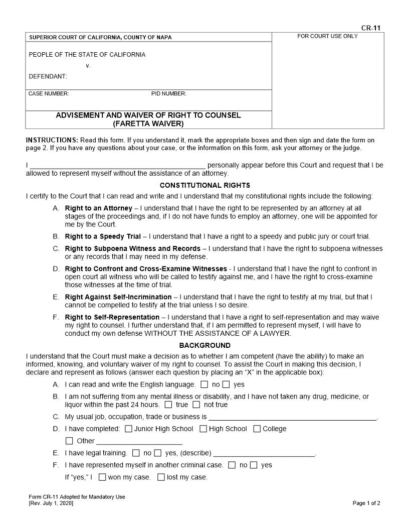 Advisement And Waiver Of Right To Counsel (Faretta Waiver) {CR-11} | Pdf Fpdf Docx | California