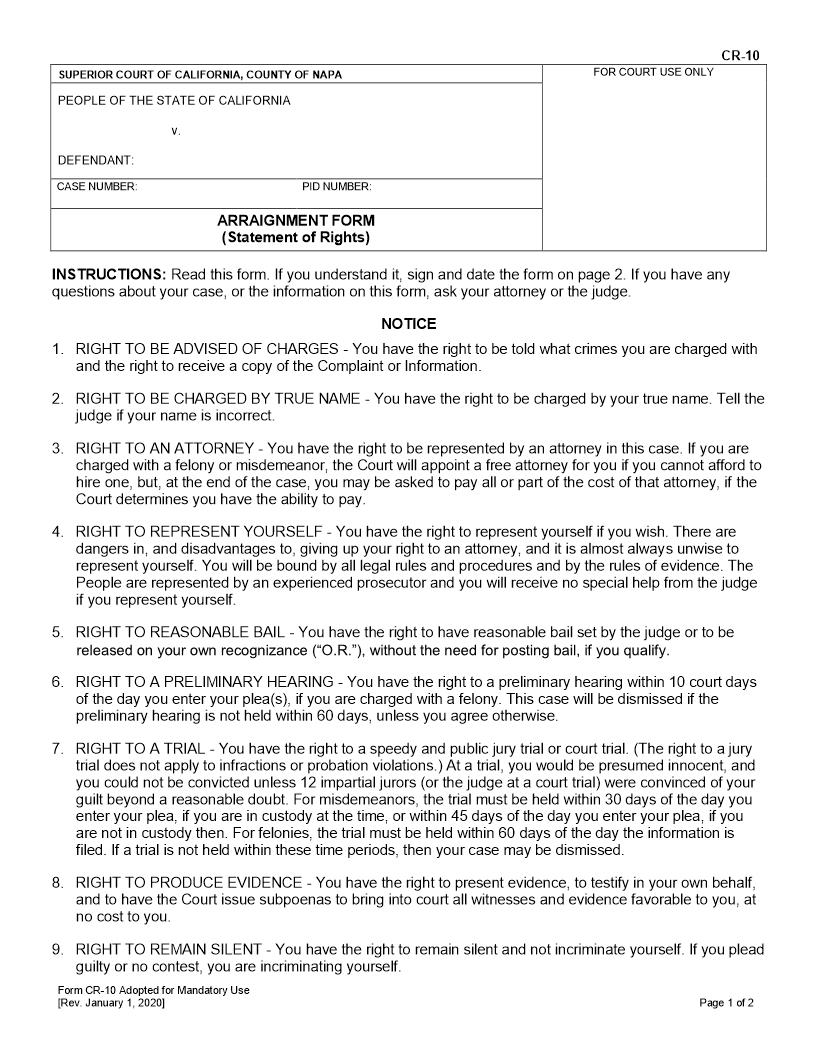 Arraignment Form (Statement Of Rights) {CR-10} | Pdf Fpdf Docx | California