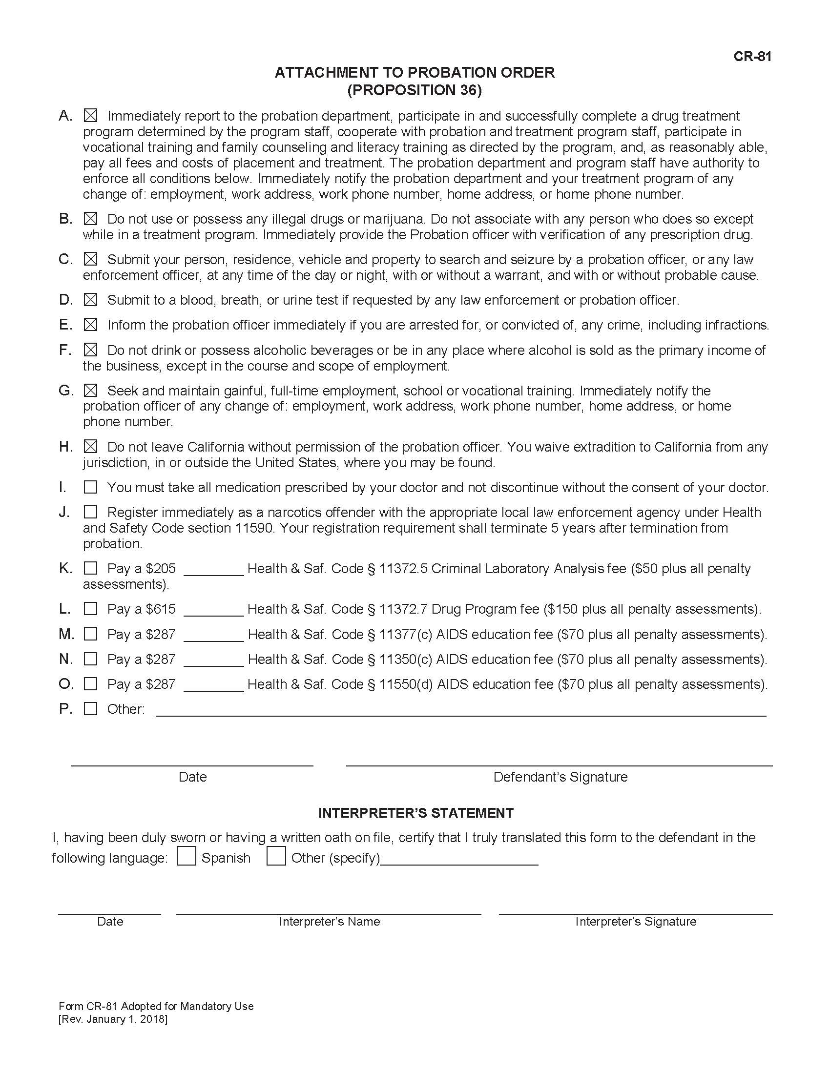 Attachment To Probation Order (Proposition 36) {CR-81} | Pdf Fpdf Docx | California