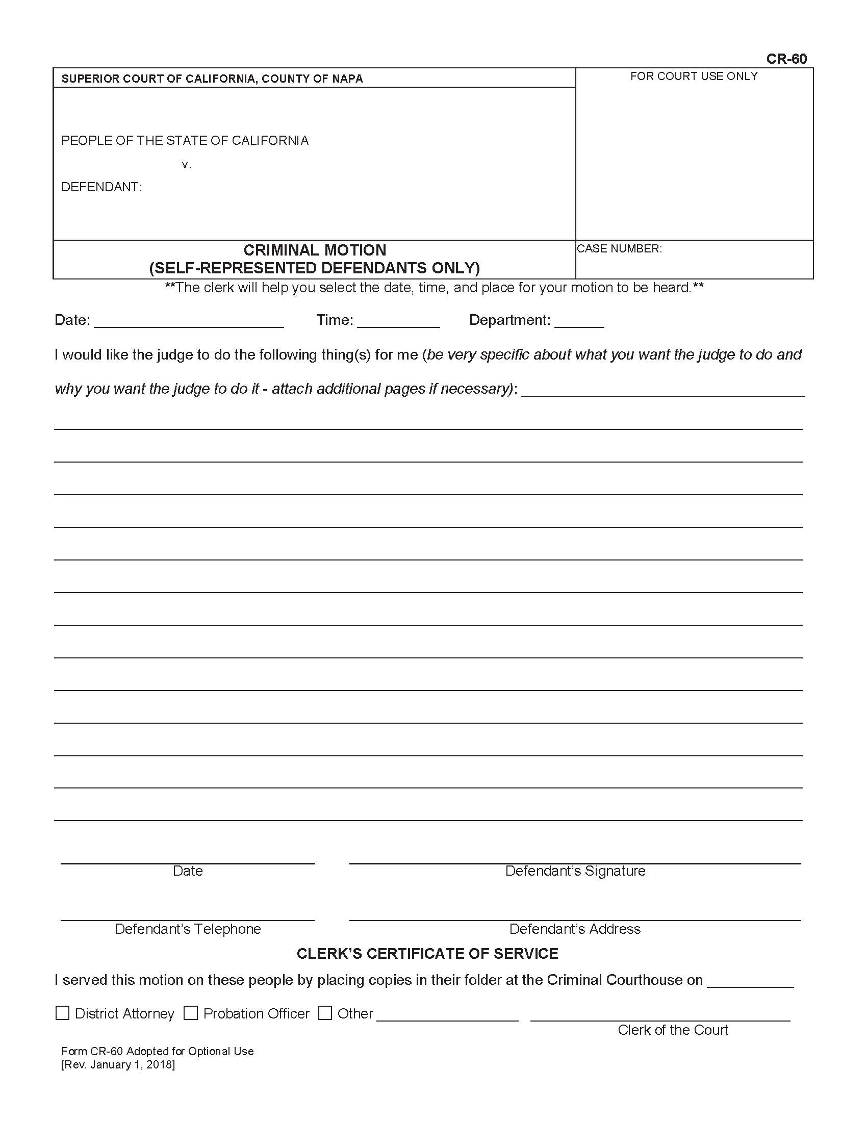 Criminal Motion (Self-Represented Defendants Only) {CR-60} | Pdf Fpdf Docx | California