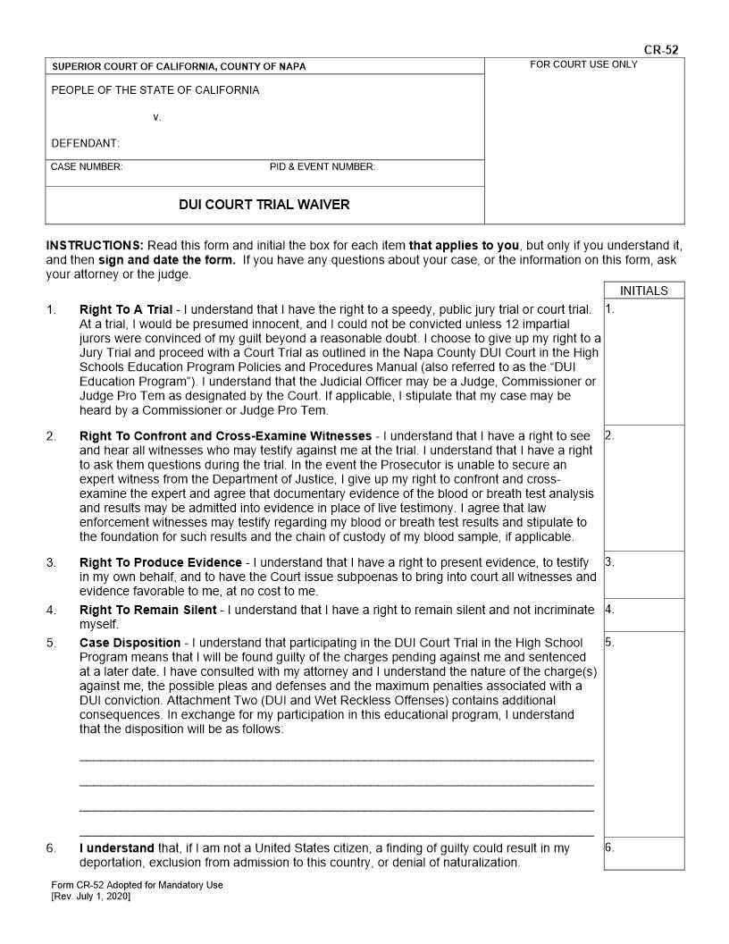DUI Court Trial Waiver {CR-52} | Pdf Fpdf Docx | California