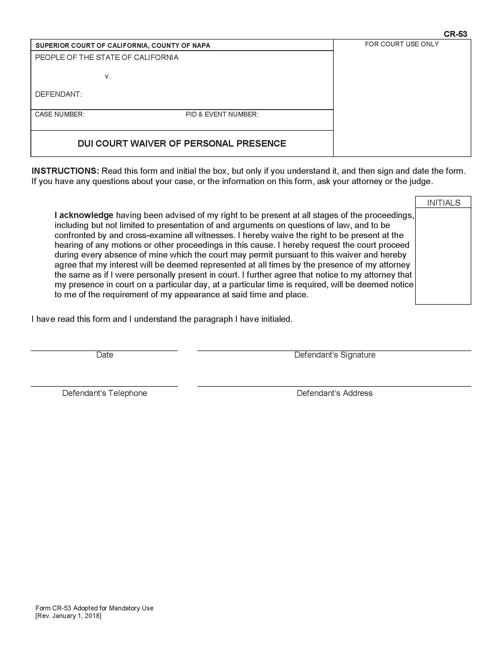 DUI Court Waiver Of Personal Presence {CR-53} | Pdf Fpdf Docx | California