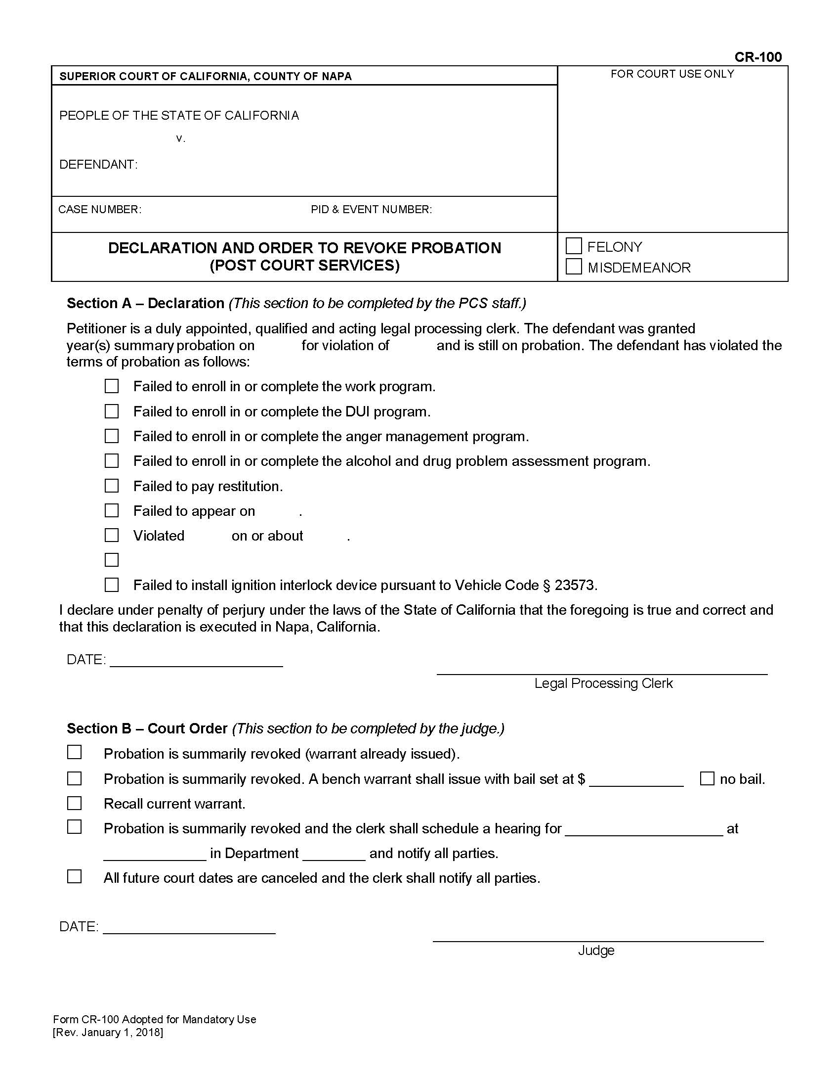 Declaration And Order To Revoke Probation (Post Court Services) {CR-100} | Pdf Fpdf Docx | California