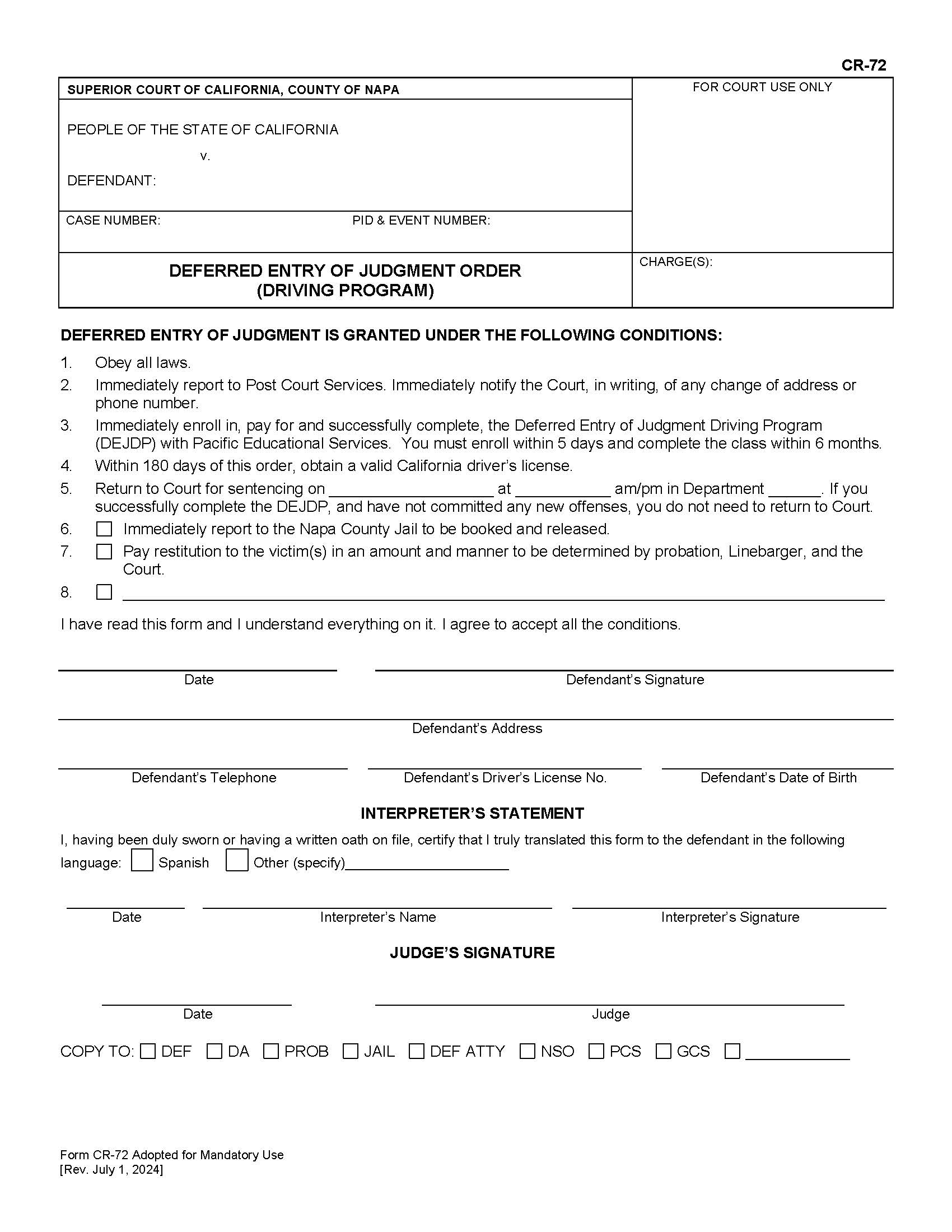 Deferred Entry Of Judgment Order (Driving Program) {CR-72} | Pdf Fpdf Docx | California