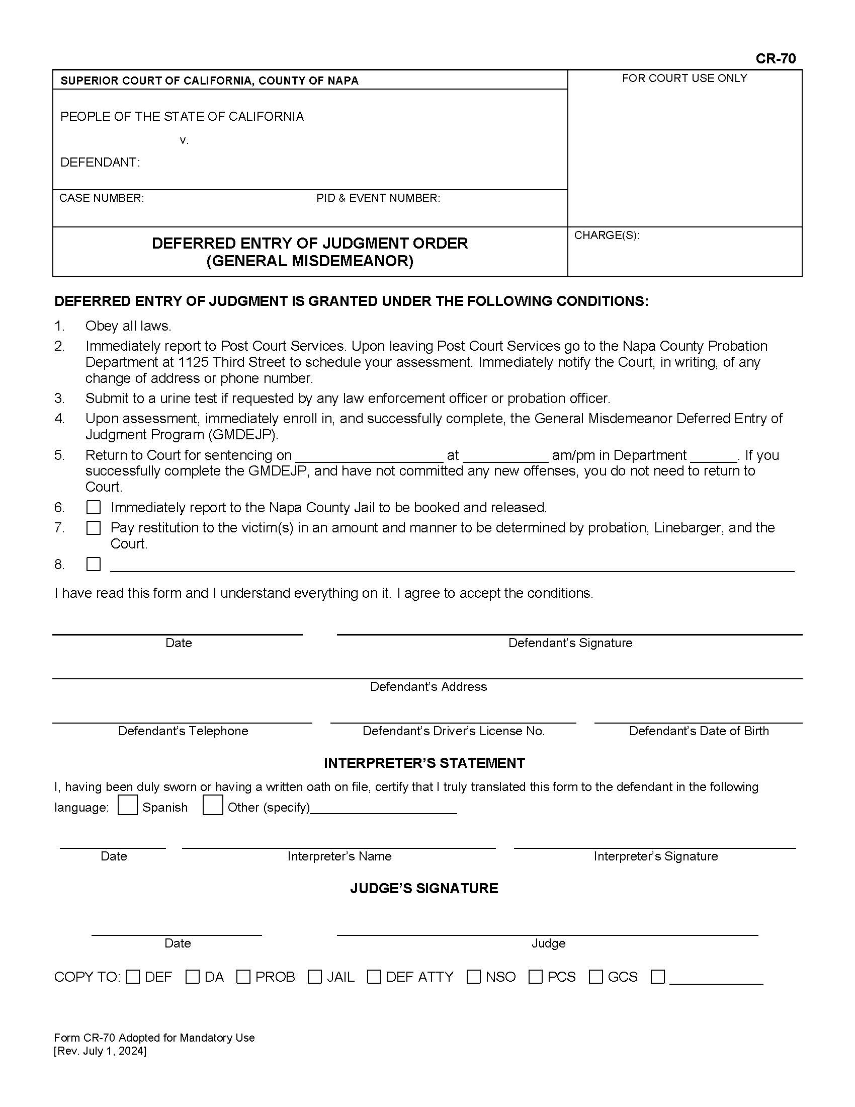 Deferred Entry Of Judgment Order (General Misdemeanor) {CR-70} | Pdf Fpdf Docx | California