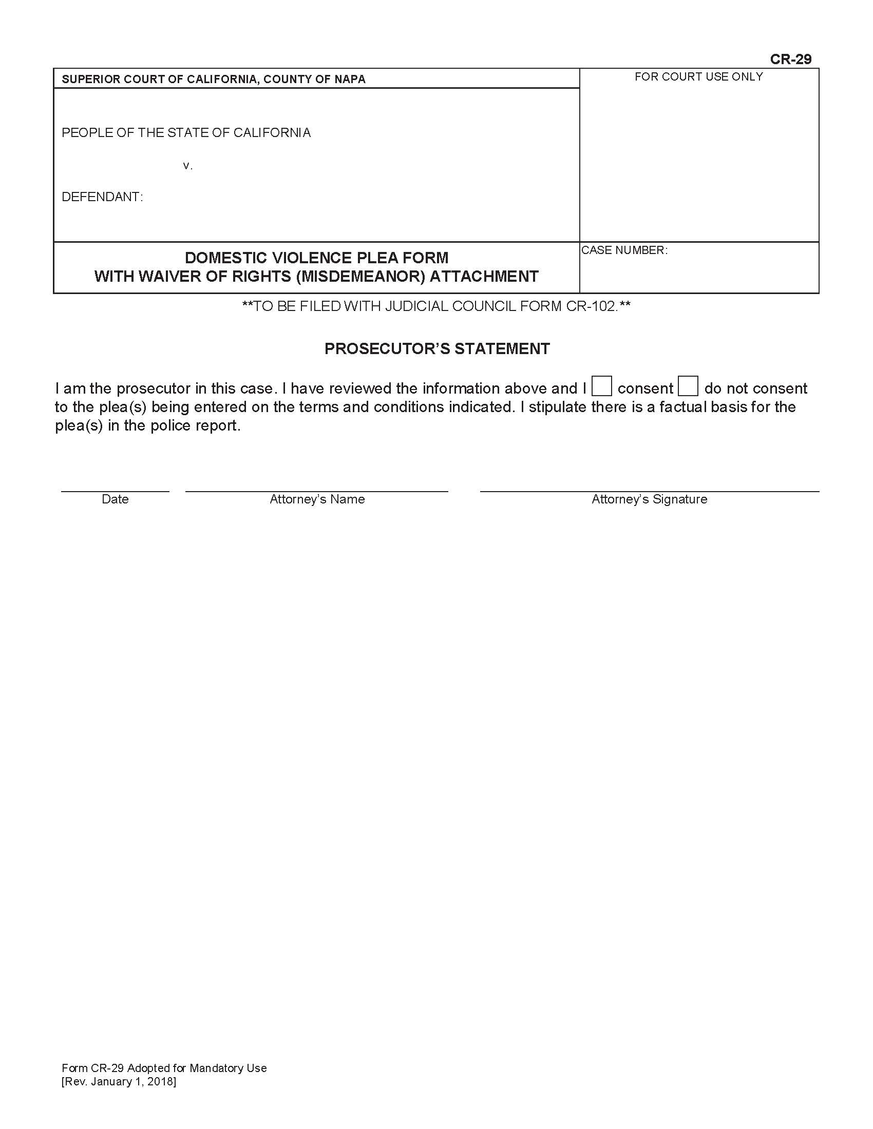 Domestic Violence Plea Form With Waiver Of Rights (Misdemeanor) Attachment {CR-29} | Pdf Fpdf Docx | California