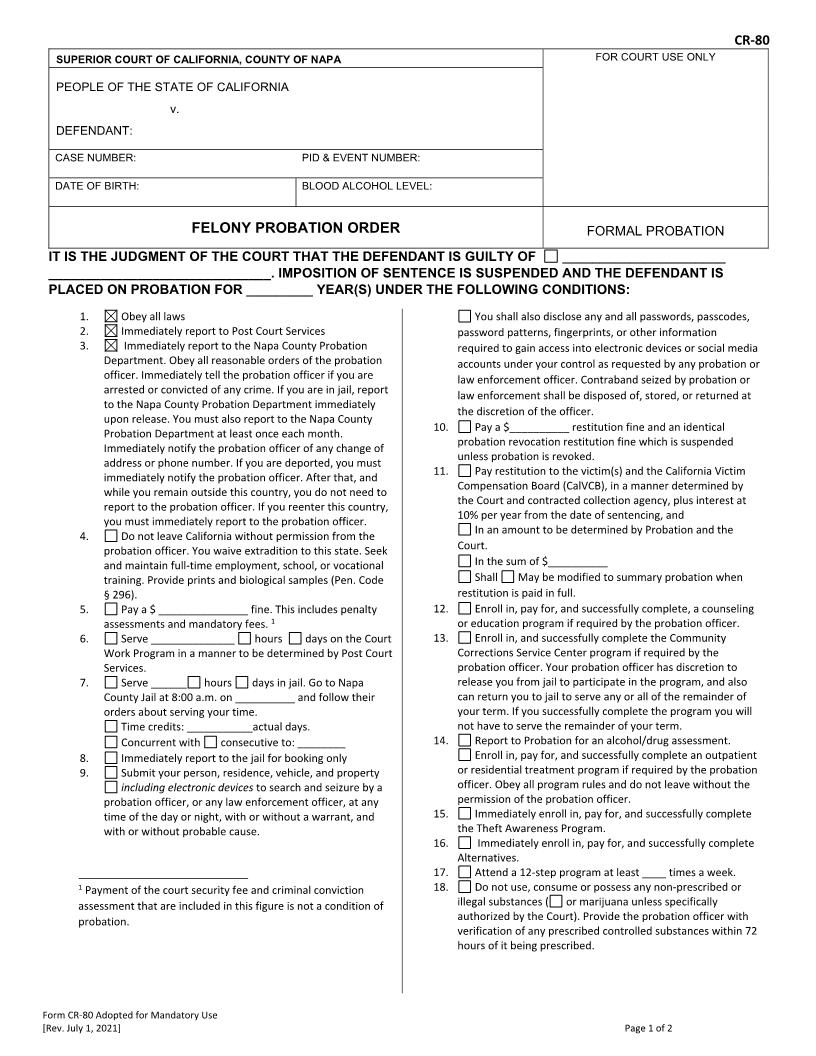 Felony Probation Order {CR-80} | Pdf Fpdf Docx | California