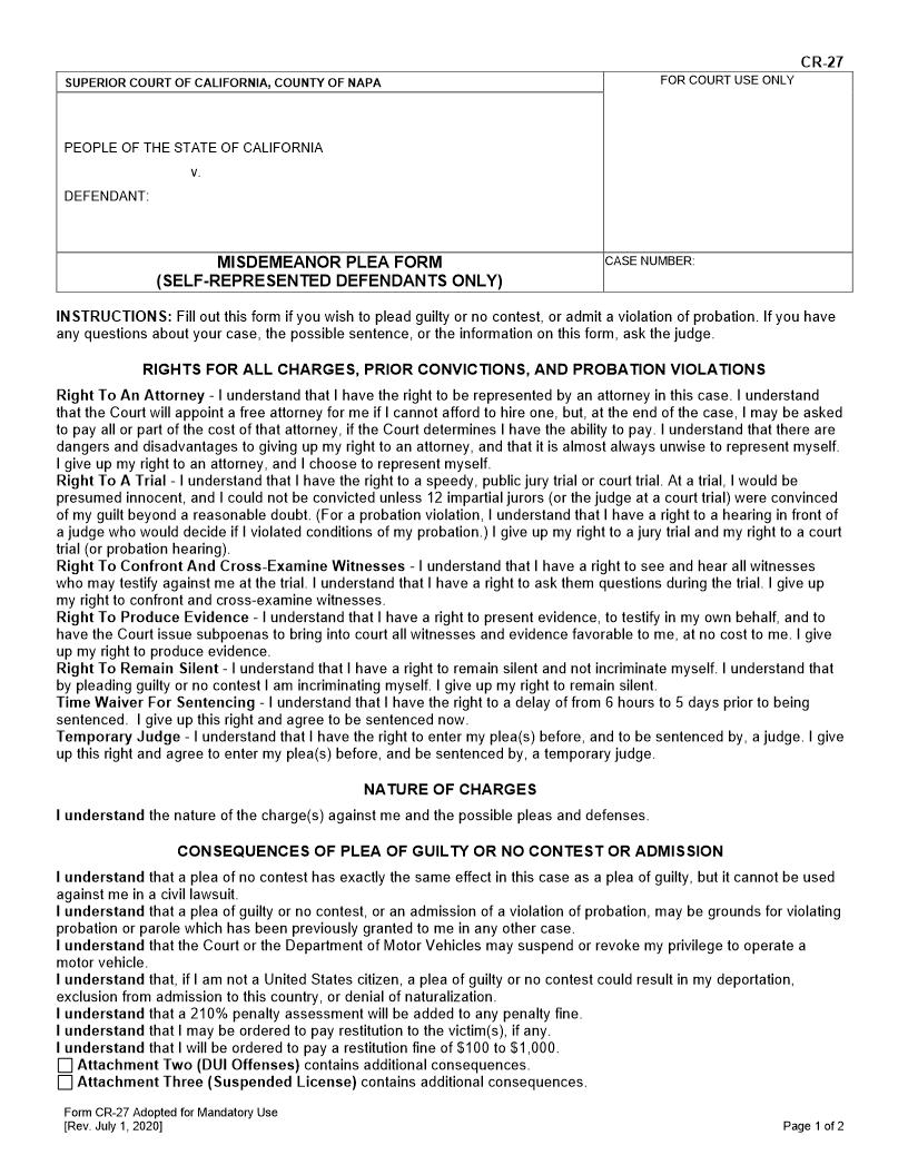 Misdemeanor Plea Form (Self-Represented Defendants Only) {CR-27} | Pdf Fpdf Docx | California