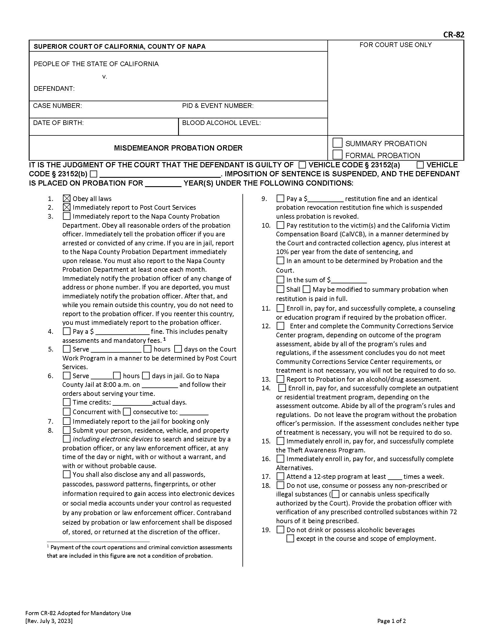 Misdemeanor Probation Order {CR-82} | Pdf Fpdf Docx | California