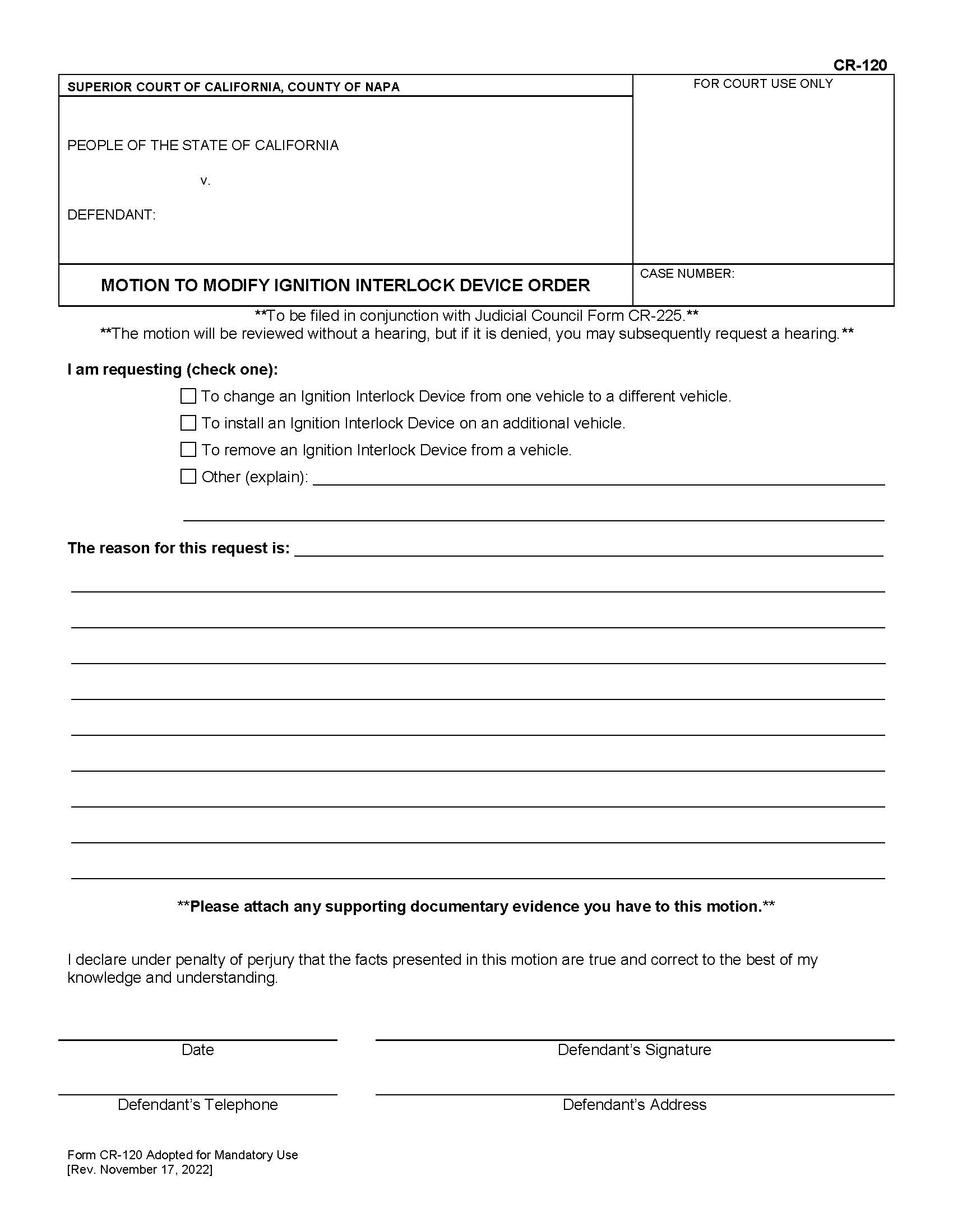 Motion To Modify Ignition Interlock Device Order {CR-120} | Pdf Fpdf Docx | California
